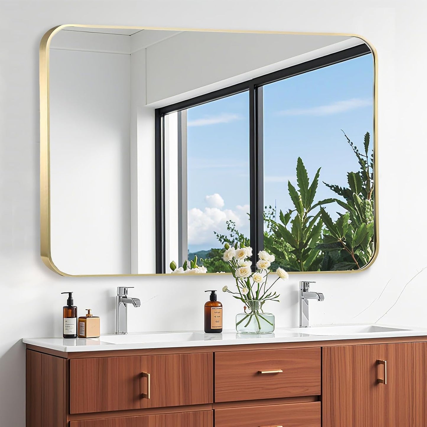 48x30 Inch Gold Bathroom Mirror, Brushed Gold Metal Framed Rectangular Mirror with Rounded Corner, Bathroom Vanity Mirror for Bedroom or Living Room, Horizontal/Vertical