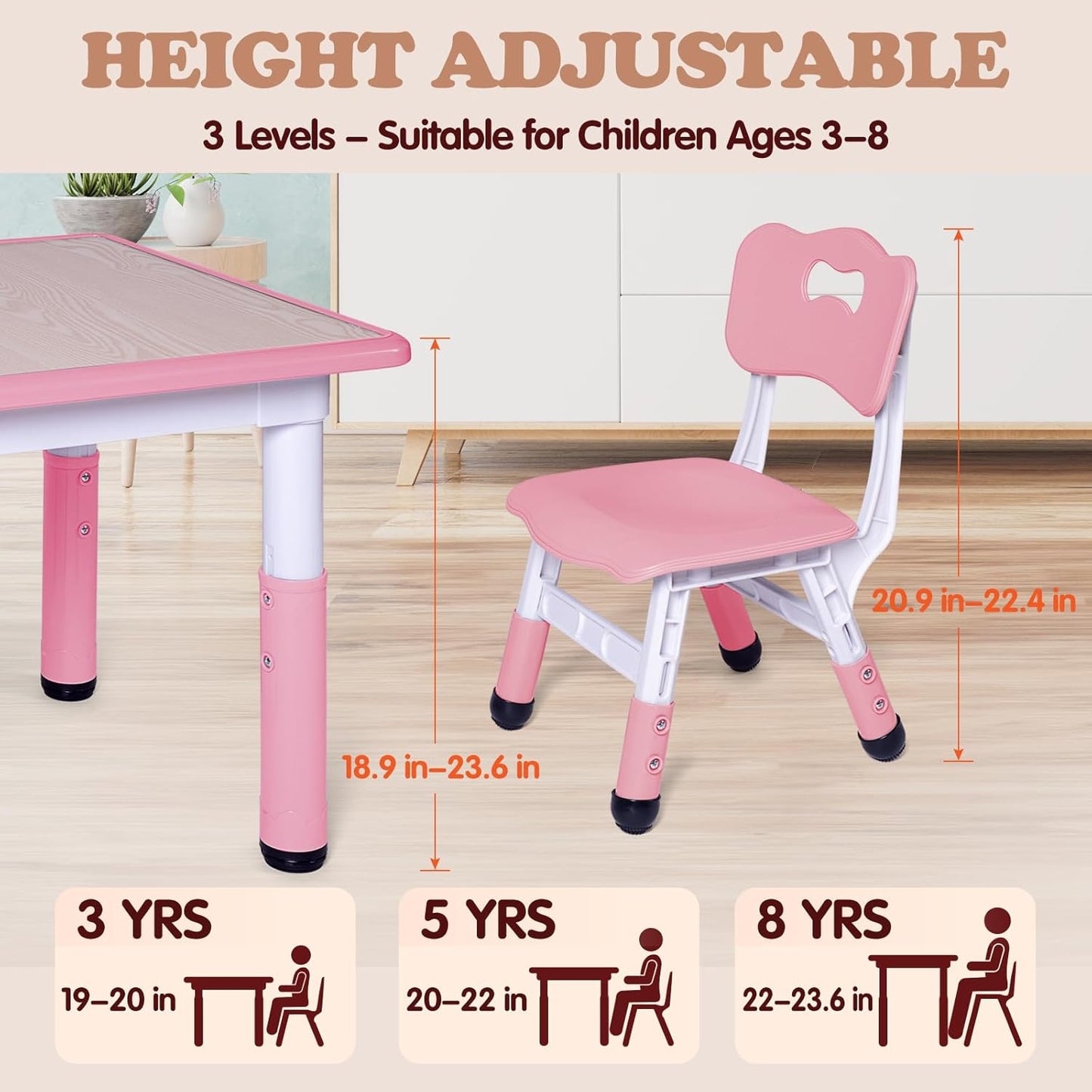 Kids Table and 2 Chairs Set, Height Adjustable Toddler Study Table and Chair Set, Kid Size for Ages 3-8 Children, Graffiti Desktop, Easy to Wipe/Arts & Crafts, Homes/Classrooms/Daycare (Pink)