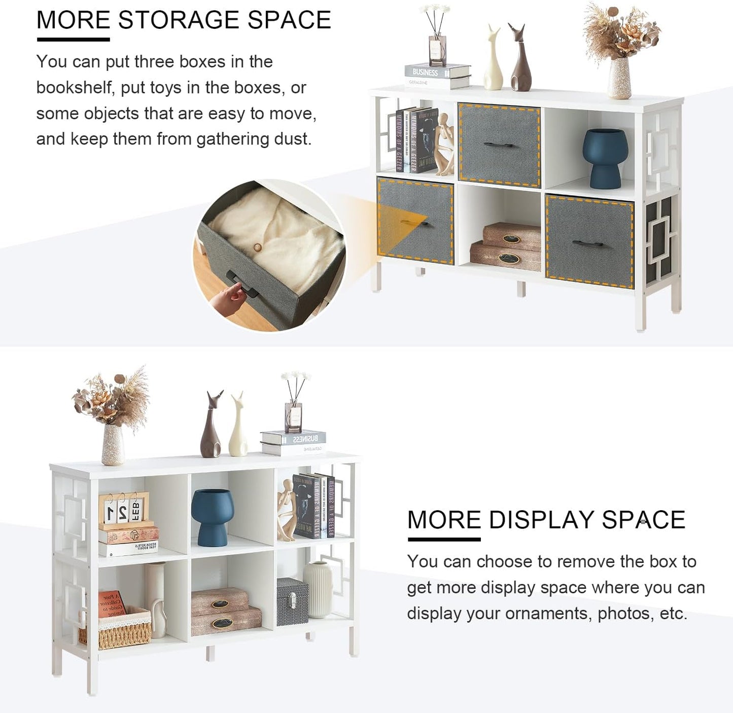 HOMISSUE 6 Cube Storage Organizer Shelf, Rustic Short Bookshelf with 3 Storage Bins, Industrial Horizontal Bookshelf with Metal Frame, Low and Wide Cube Bookcase for Living Room and Office, White