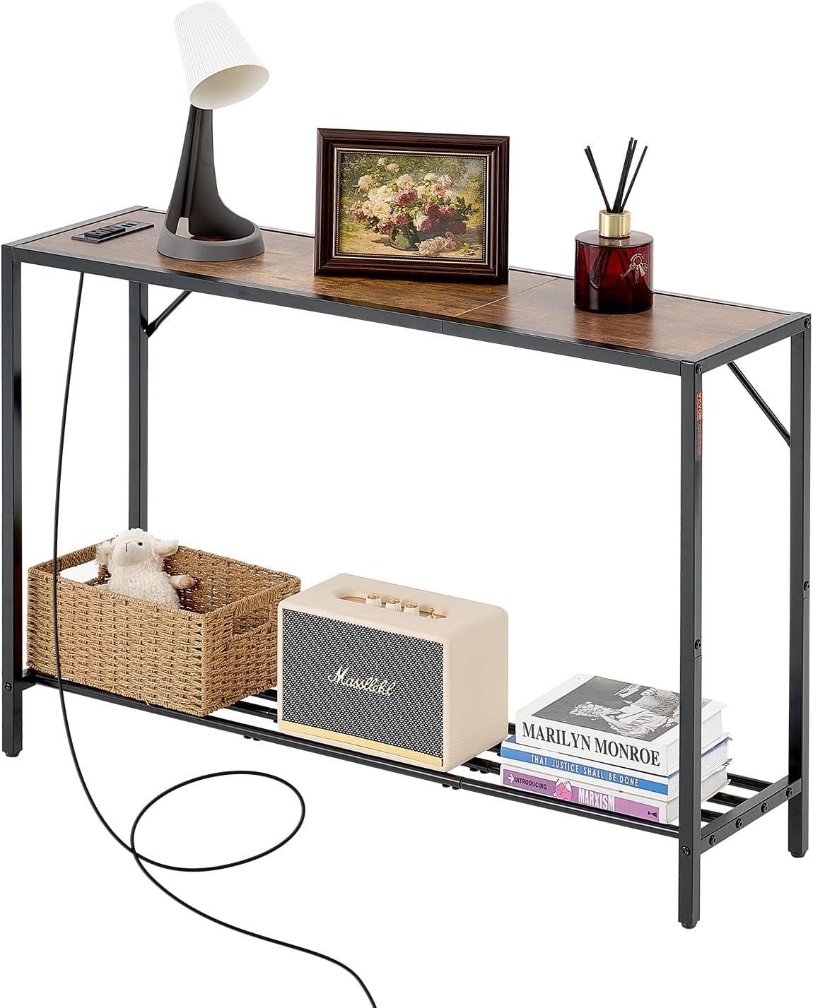 VEVOR Narrow Console Table, 41.7" Behind Couch Shelf with Power Outlets, 2-Tier Long Entryway Shelf, Sofa Table with Metal Frame and Charge Station, for Entryway, Hallway, Living Room