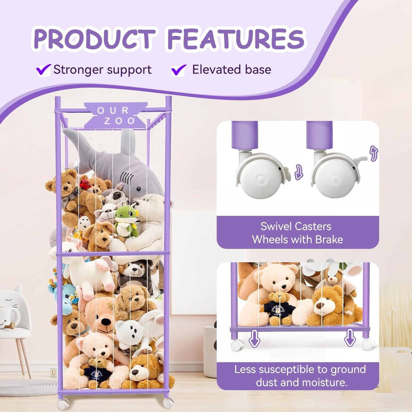 Stuffed Animal Storage Zoo with Wheels, Wooden Large Stuff Animals Plushies Holder Toy Organizer Kids Plush Storage Cage with Elastic Band and Net for Nursery Playroom Corner for Toddler (Purple)