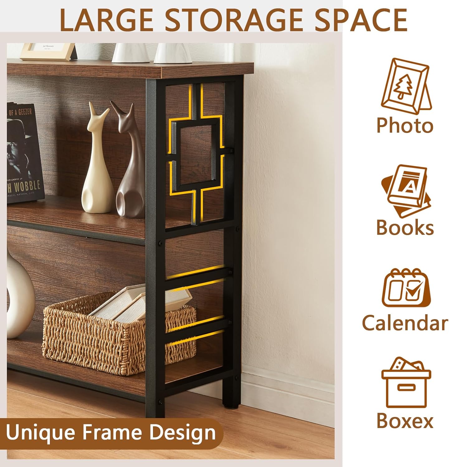 HOMISSUE Book Shelf, 3 Tier Small Bookshelf with Storage, Engineered Wood and Metal Shelf Bookcase, Low Short Bookcases for Small Space, Living Room, Bedroom, Office, Rustic Brown