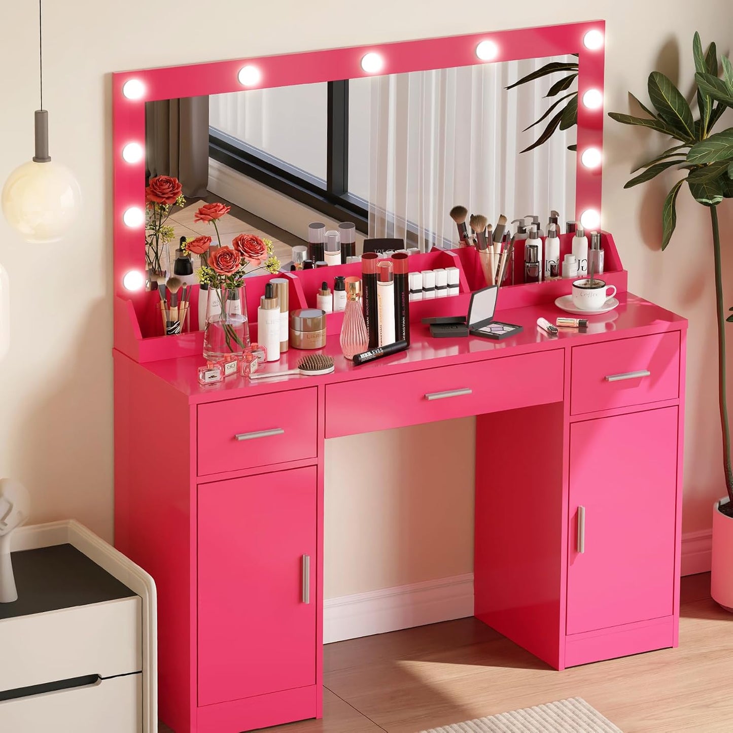 47.5” Vanity Desk with Large Mirror, 3 Colour Lighting Modes, Adjustable Brightness, Dresser with 3 Drawers & 2 Vertical Cabinets, Makeup Vanity Table for Women Girls