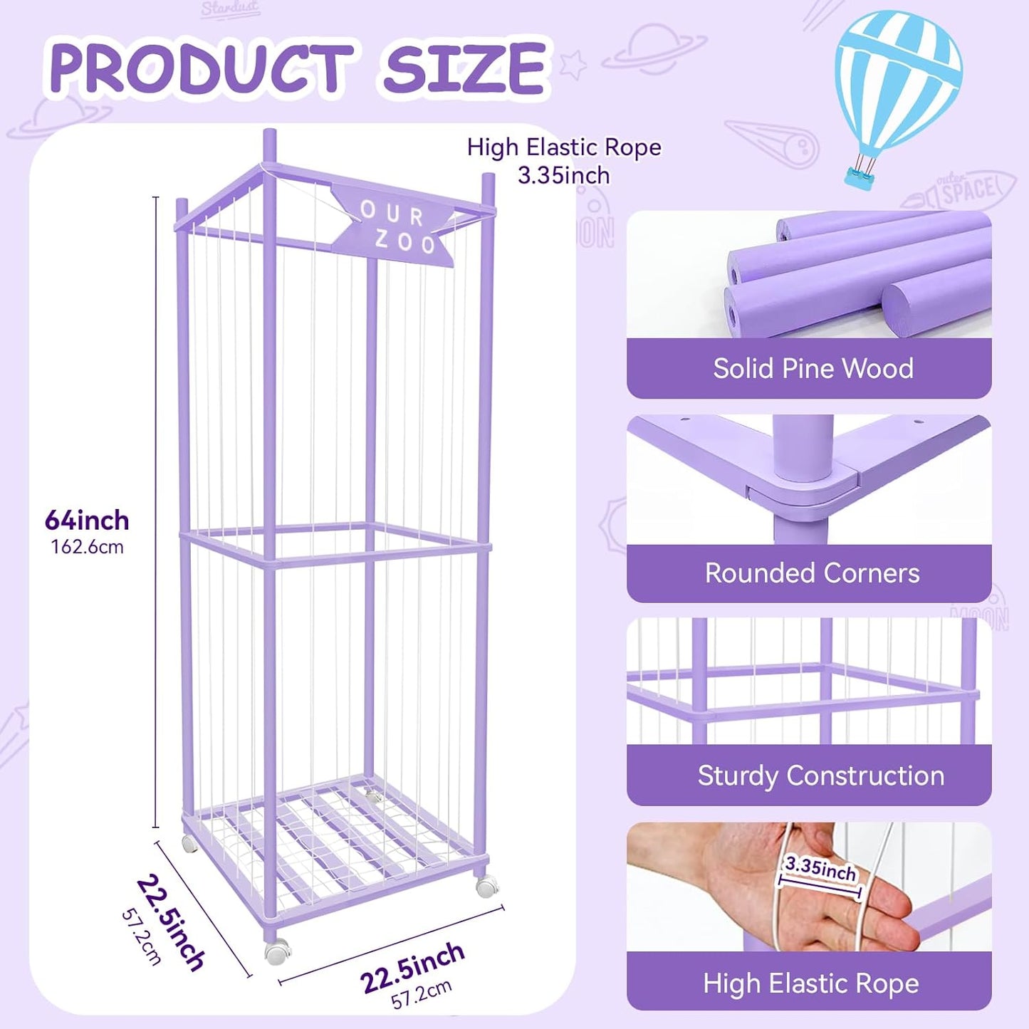 Stuffed Animal Storage Zoo with Wheels, Wooden Large Stuff Animals Plushies Holder Toy Organizer Kids Plush Storage Cage with Elastic Band and Net for Nursery Playroom Corner for Toddler (Purple)