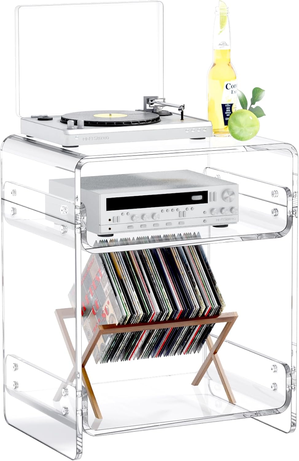Acrylic Record Player Table with Storage Shelf– Sleek Bedside Storage with Durable Design, Perfect for Bedrooms, Living Rooms, or Modern Interiors – Ideal as a Bedside Table or Sofa Side Piece