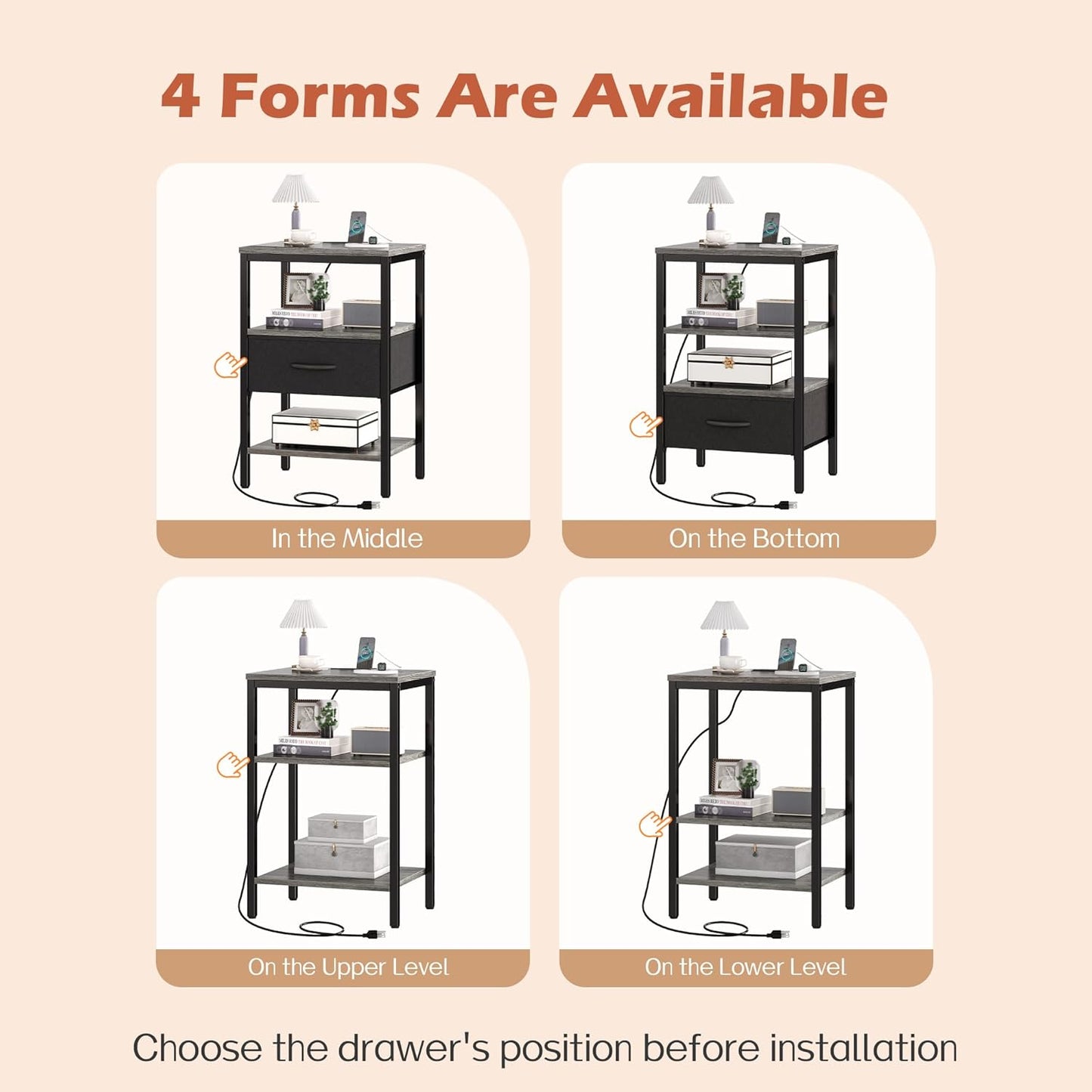 SUPERJARE Nightstand Set of 2, Bed Side Tables with Charging Station, Adjustable Fabric Drawer, Night Stand for Bedroom, 3-Tier Storage End Tables, for Living Room - Charcoal Gray