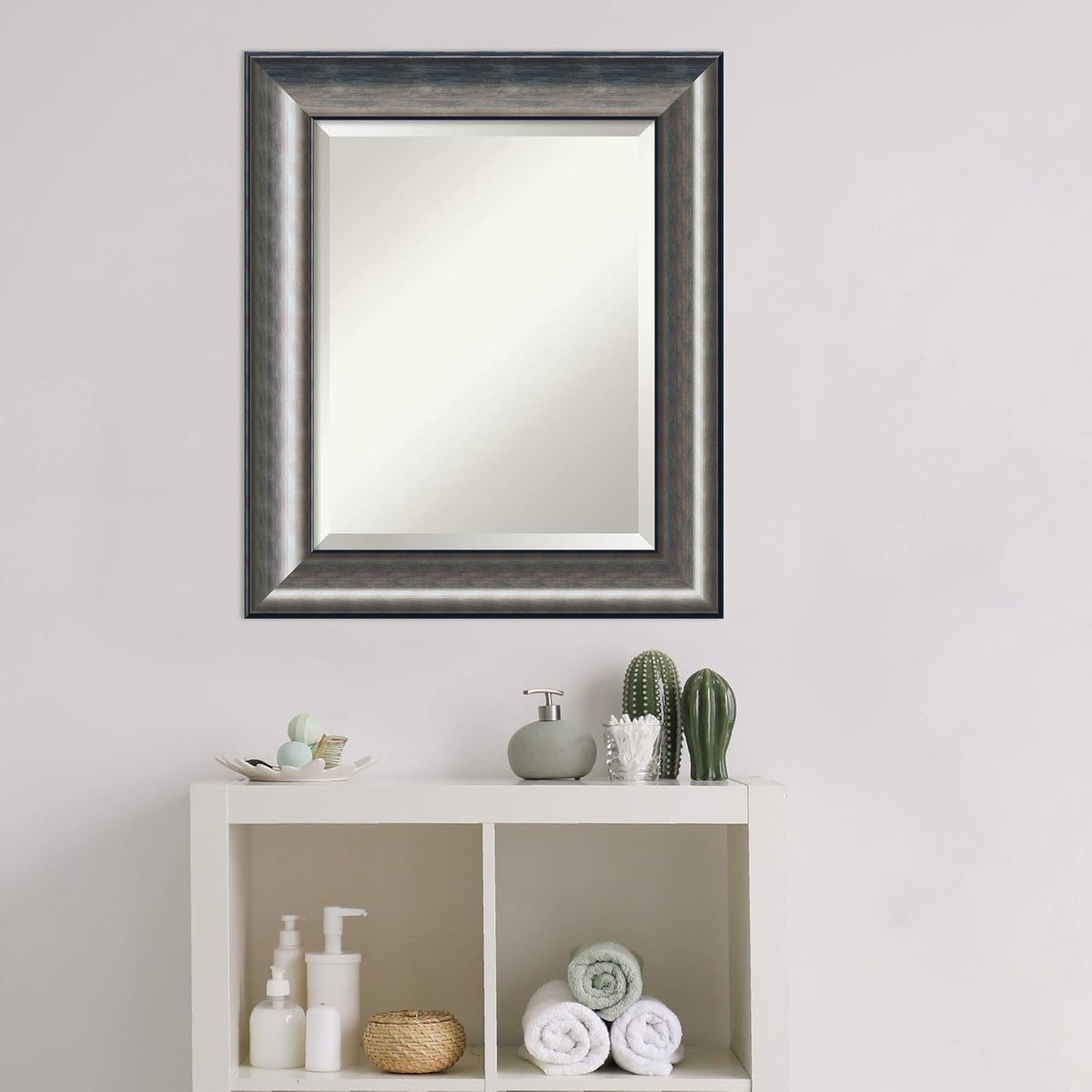 Amanti Art Silver Bathroom Mirror for Over Sink, 26x22 Quicksilver Scoop Rectangle Vanity Mirror, Small Casual Wood Frame, Hangs Horizonally and Vertically, Bathroom Wall Decor, Beveled Edge