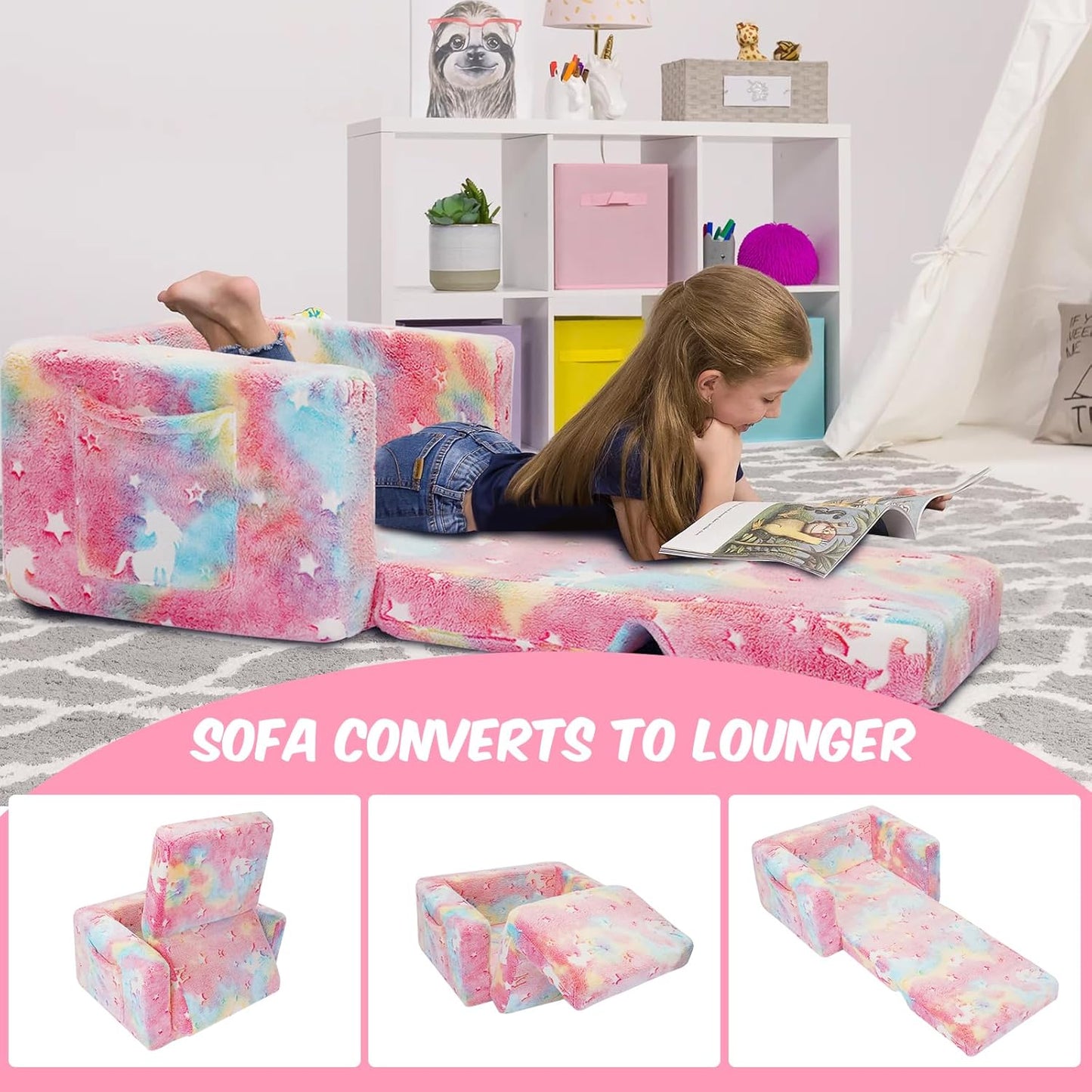 SLIGUY Kids Couch, Toddler Chair, Fold Out Kids Sofa Chair, Convertible Sofa to Lounger Pull Out Couch, Glow in Dark Sofa Chair Birthday Gifts for Boys and Girls (Pink)