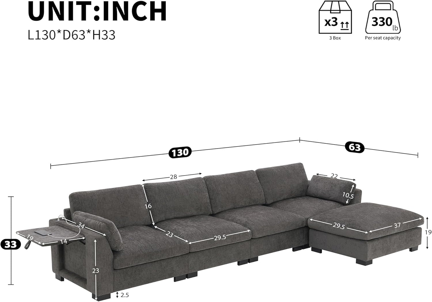 Ball & Cast Oversized Modular L Shaped Sectional Sofa W/Movable Ottoman and USB Ports,5 Seater Comfy Cloud Couch W/2 Armrest Pillows,Folding Table & Side Pocket,for Living Room,Apartment,Charcoal,130"