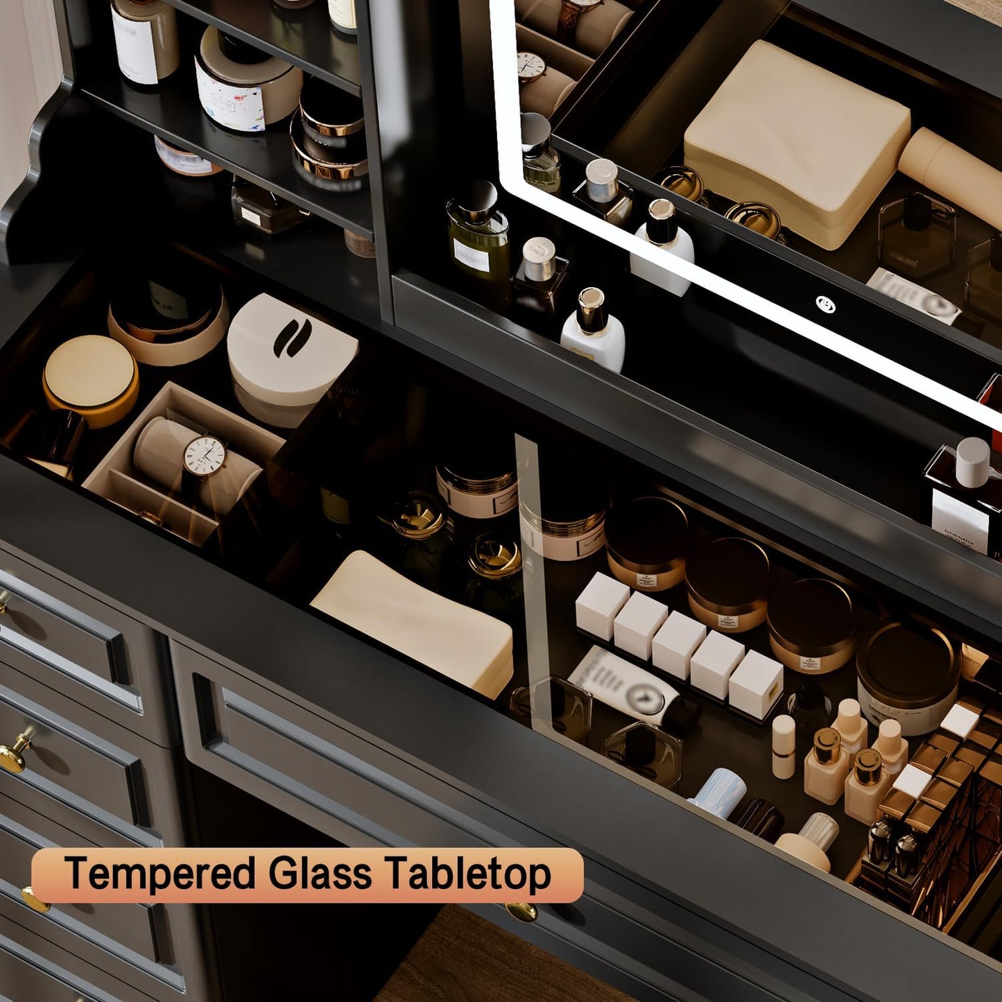 42" Makeup Vanity Desk with Mirror and Lights, & Power Outl, Glass Top Big Vanity Table with 9 Drawers& 8 Storage Shelves, Dressing Table Set with Chair for Bedroom, Black