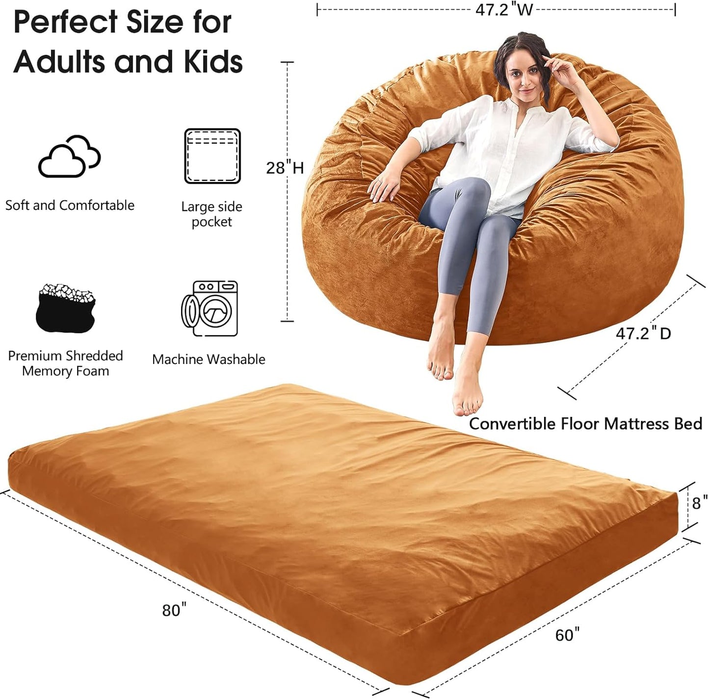 Bean Bag Chairs for Adults - Giant Bean Bag Chair Convertible Bean Bag Bed - Beanbag Chair with Micro Fiber Cover/Furniture Foam Filler - Floor Couch Sofa in Bedroom Dorm Room - Queen Golden Brown