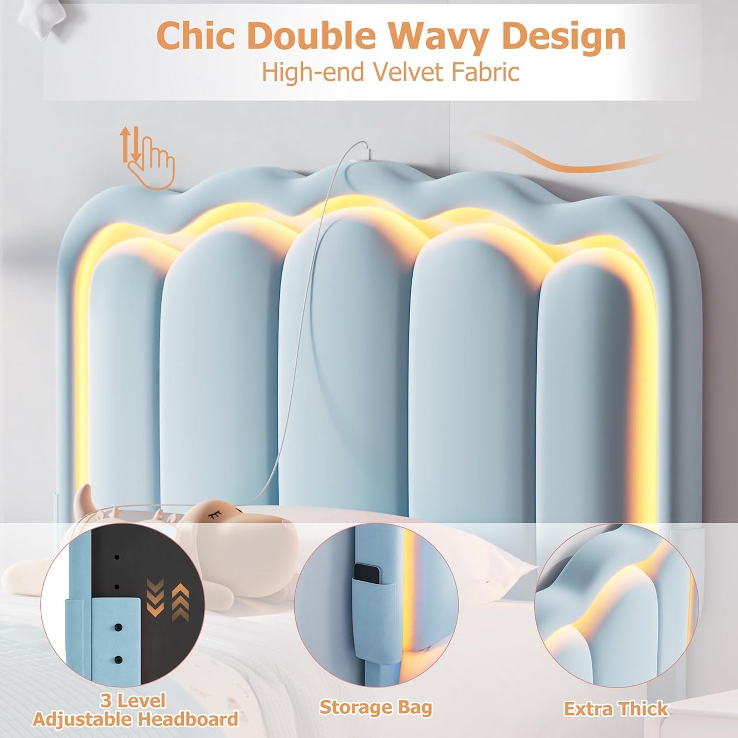 Twin Upholstered LED Bed Frame with Storage Drawer and Adjustable Chic Double Wavy Headboard, Velvet Princess Platform Bed for Kids/Girls, Solid Wood Slats Support, No Box Spring Needed, Blue