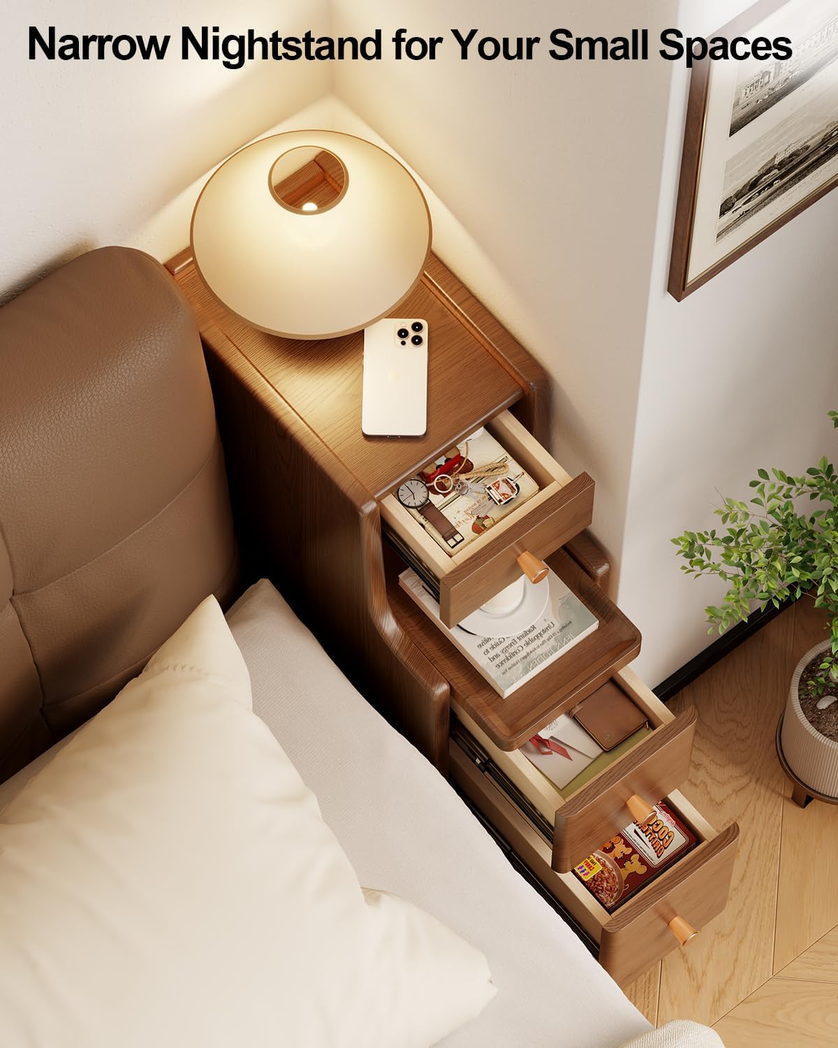 Narrow Nightstand with 3 Drawers,Solid Wood Small Nightstand Walnut, Modern Small Bedside Tables for Bedroom(Fully Assembly)