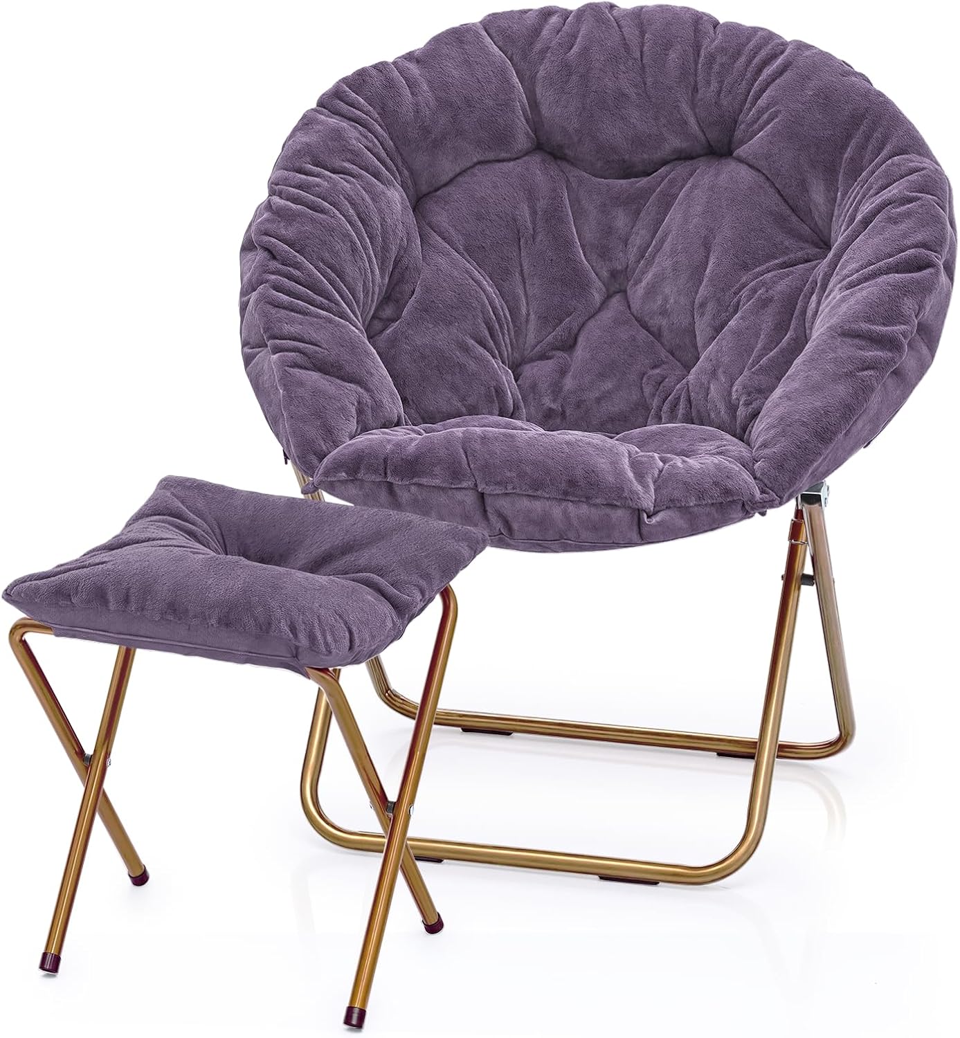 MoNiBloom Round Folding Faux Fur Saucer Chair for Bedroom Living Room Dorm Foldable Metal Frame Oversized Large Comfy Furry Padded Soft Cozy Moon Chair with Footrest Ottoman for Adults (Purple)