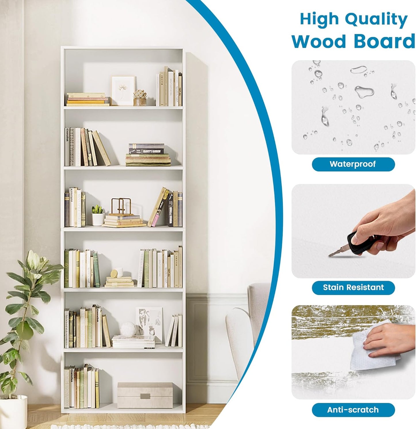 71" Tall Bookcase, 6-Tier Open Display Storage Shelves, Floor Standing Large Book Shelf for Living Room, Home Office, Bed Room, White