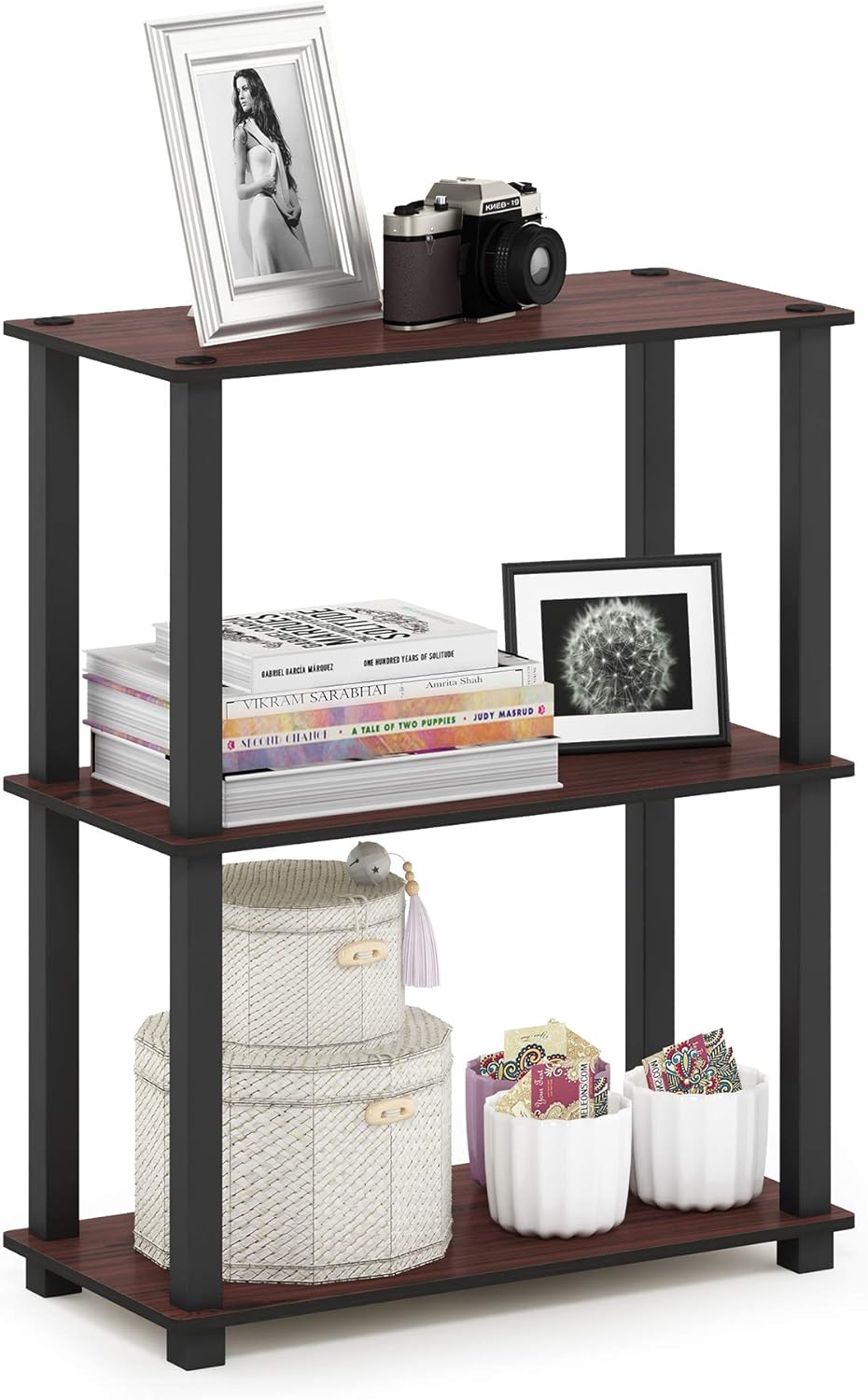 Furinno Turn-S-Tube 3-Tier Compact Multipurpose Shelf Display Rack with Square Tube, Dark Cherry/Black