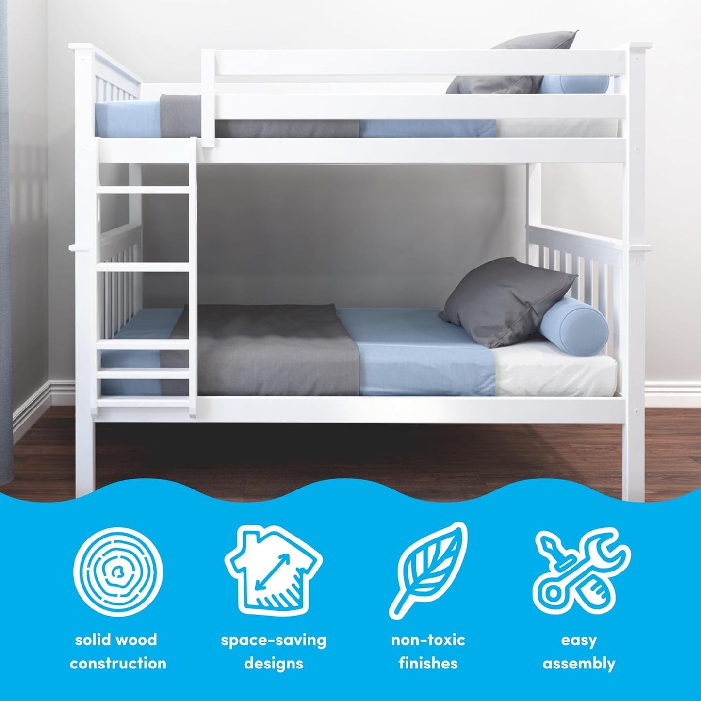 Max & Lily Bunk Bed Twin over Twin, Solid Wood Bunk Bed Frame with Ladder for Kids, 14" Safety Guardrails, Easy Assembly, No Box Spring Needed, White