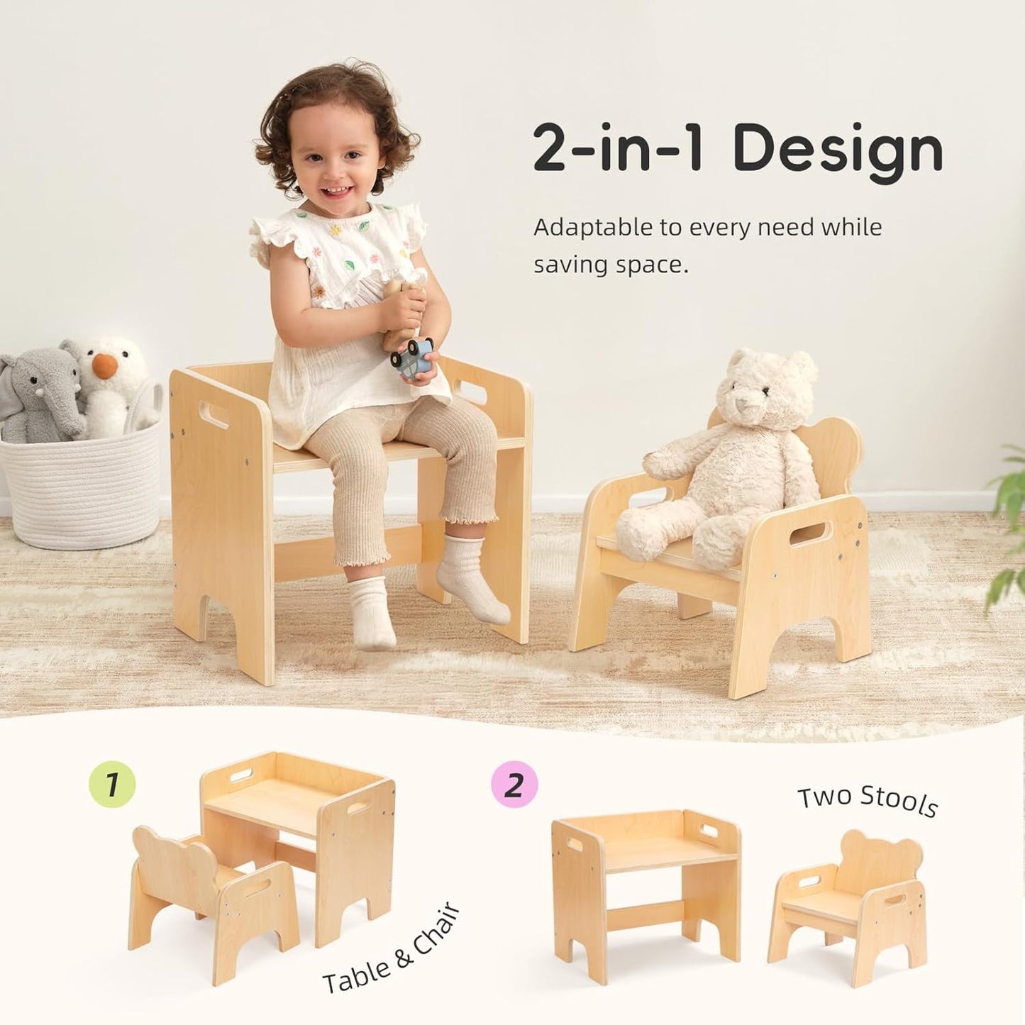 OOOK Montessori Weaning Table and Chair Set, Kids Activity Wooden Toddler Table and Chair, for Eating, Reading, Drawing, Play, Step Stool, Montessori Furniture for Toddlers 1-3