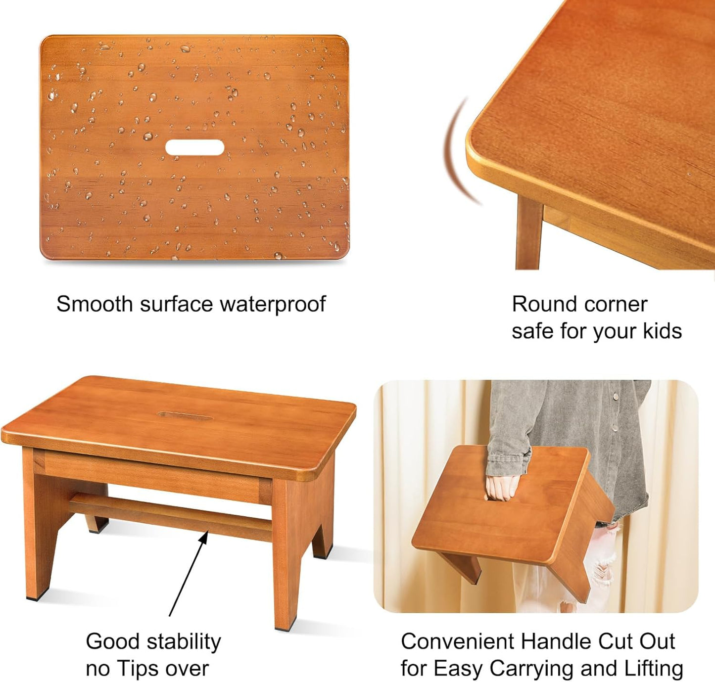 Wooden Step Stool for Adults,9.1''High One Step Stool for High Bed/Kitchen Riser,550 Lbs Beside Step Stool for Elderly Kids-Sturdy/Durable Footstool,Nonslip Stepping Stool for Bedroom/Kitchen/Bathroom