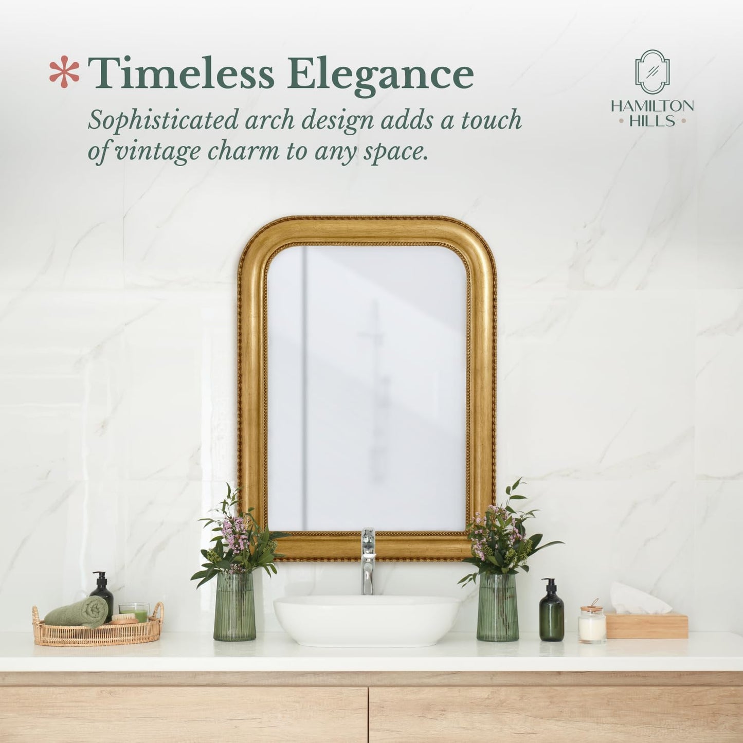 Hamilton Hills 36" x 24" Classic Gold Framed Polished Glass Top Round Corner Mirror - Thick Arched Top Rich Wall Mirror - Vanity for Bathroom Decor, Bedroom, Living Room - Hangs Horizontal or Vertical