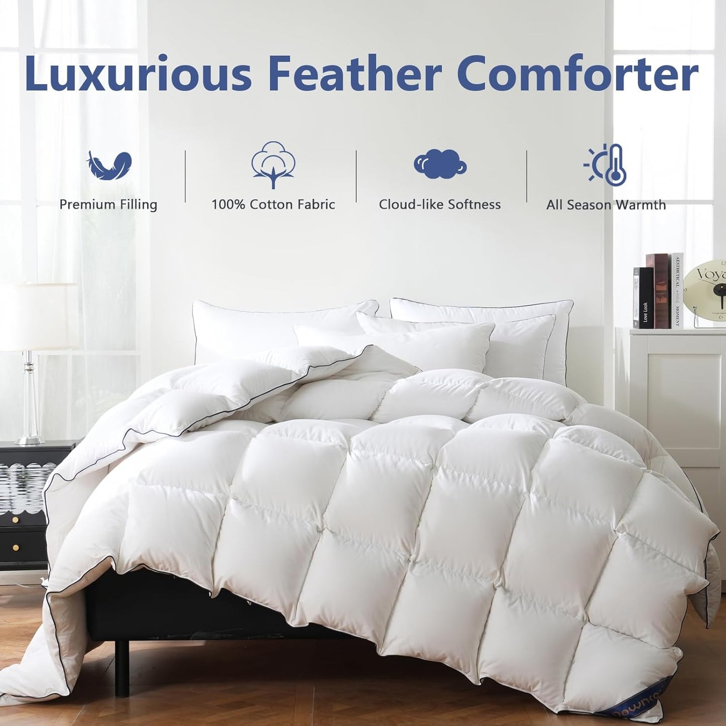 DOWNCOOL White Feather Comforter Full Size, Fluffy Duvet Insert Full with 100% Cotton Cover, All Season Luxurious Hotel Bed Comforter with Corner Tabs, 82 x 86 Inch