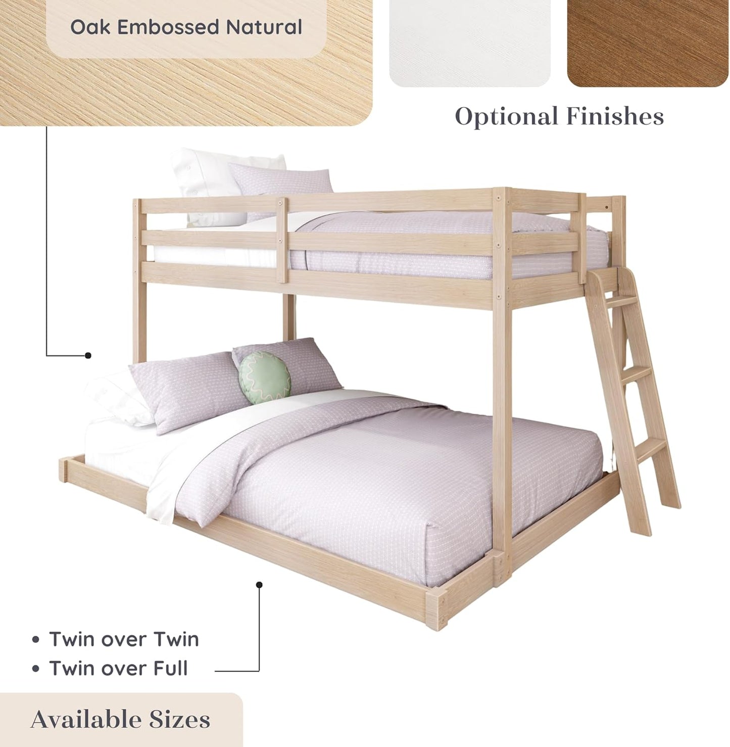 Grain & Grove Bear Twin Over Full Bunk Bed, Low Bunk Bed Frame for Kids, Bunk with Ladder, Guardrail and Slats, No Box Spring Required, Oak Embossed Natural