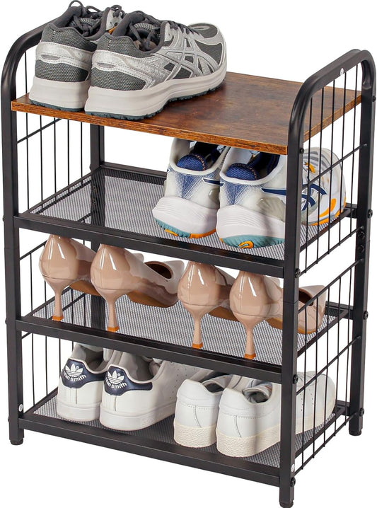 Shoe Rack, 4-Tier Shoe Organizer with Guardrails, Heavy-Duty Metal Mesh Shelves & Rustic Wooden Top for Stylish Closet & Front Door Storage