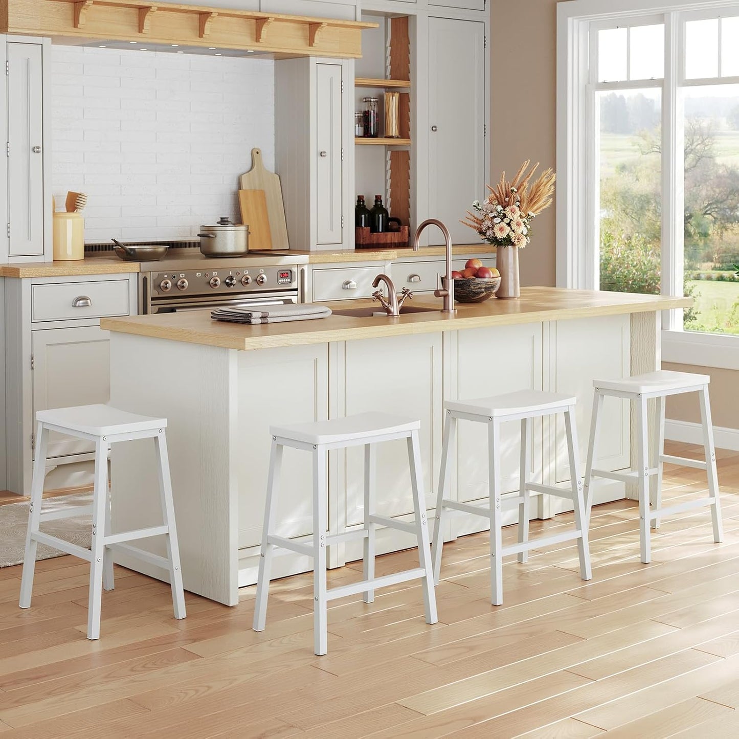 HOOBRO Bar Stools, Set of 2 Bar Chairs, 23.6 Inch Saddle Stools, Kitchen Counter Seat with Footrests, Industrial Barstools for Dining Room, Kitchen, Counter, Bar, White WW02MD01