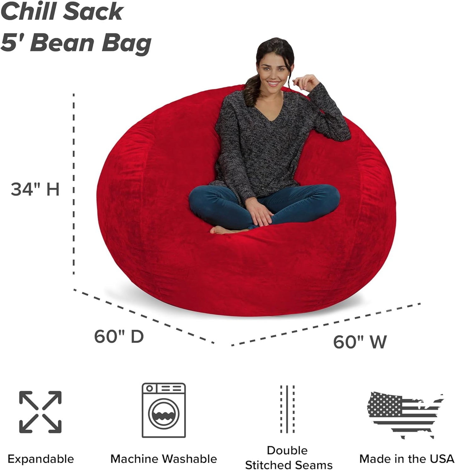 Chill Sack Bean Bag Chair - 5' Giant Memory Foam Lounge Chair with Soft Microfiber Cover – Cozy Furniture for Living Room, Dorm, & Kids' Rooms – Comfortable 5 Ft, Ultrafur Lounge Sofa, Red