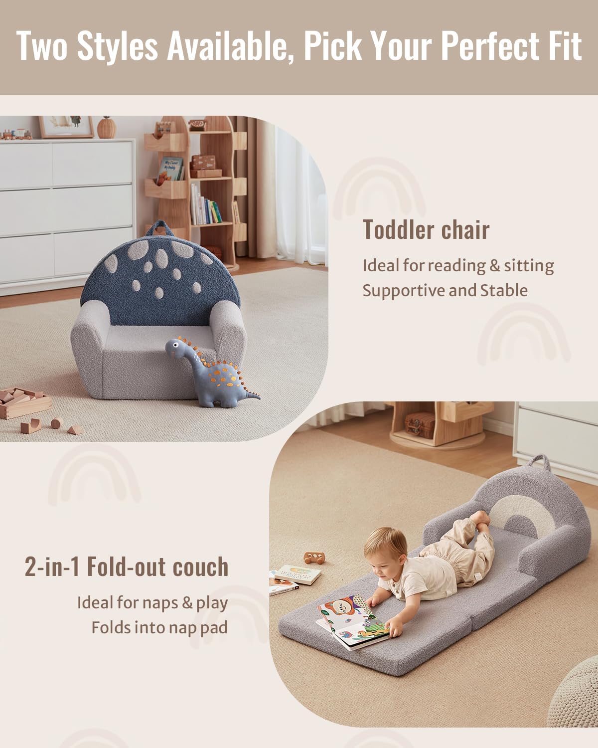 Blissful Diary Toddler Chair Comfy, Foam Kids Chair with Soft Teddy Plush, Toddler Reading Chair with Cute Mushroom Designs- Blue