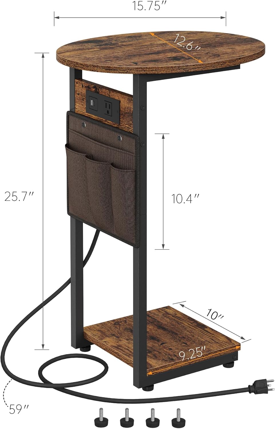 Vagusicc C Shaped End Table with Charging Station, Small Side Table for Couch, TV Tray Table Slide Under Sofa Table for Living Room Bedroom, Round Couch Side Table C Table for Sofa, Rustic Brown