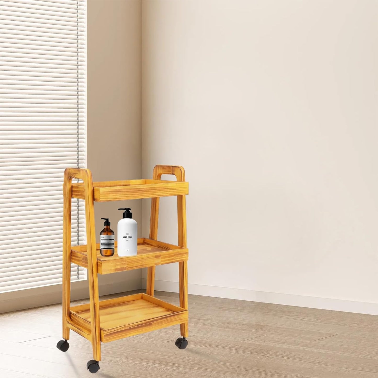 3-Tiers Ladder Shelf with Wheels, Wooden Rolling Cart,Solid Pine Wood Ladder Shelf, Side End Table for Artist,Storage Cart Organizer for Kitchen,Classroom, Living Room, Bathroom (Retro Yellow)