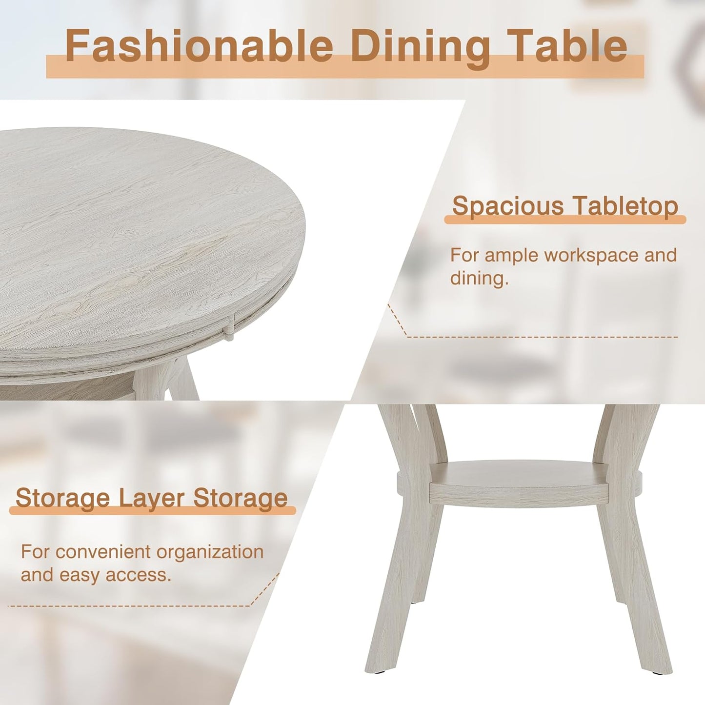 5-Piece Solid Wood Dining Table Set for 4, Round Kitchen Table Set with 4 Upholstered Chairs, Farmhouse Dining Sets for Kitchen, Dining Room, Rustic Grey