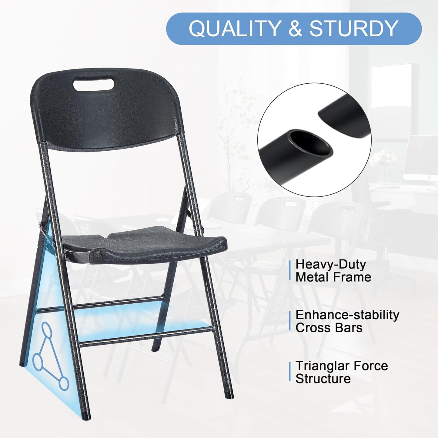 VECELO 4 Pack Folding Chairs, Indoor/Outdoor Use Plastic Seat with Steel Frame, for Events, Office, Wedding, Party, Stackable & Portable, Matte Black