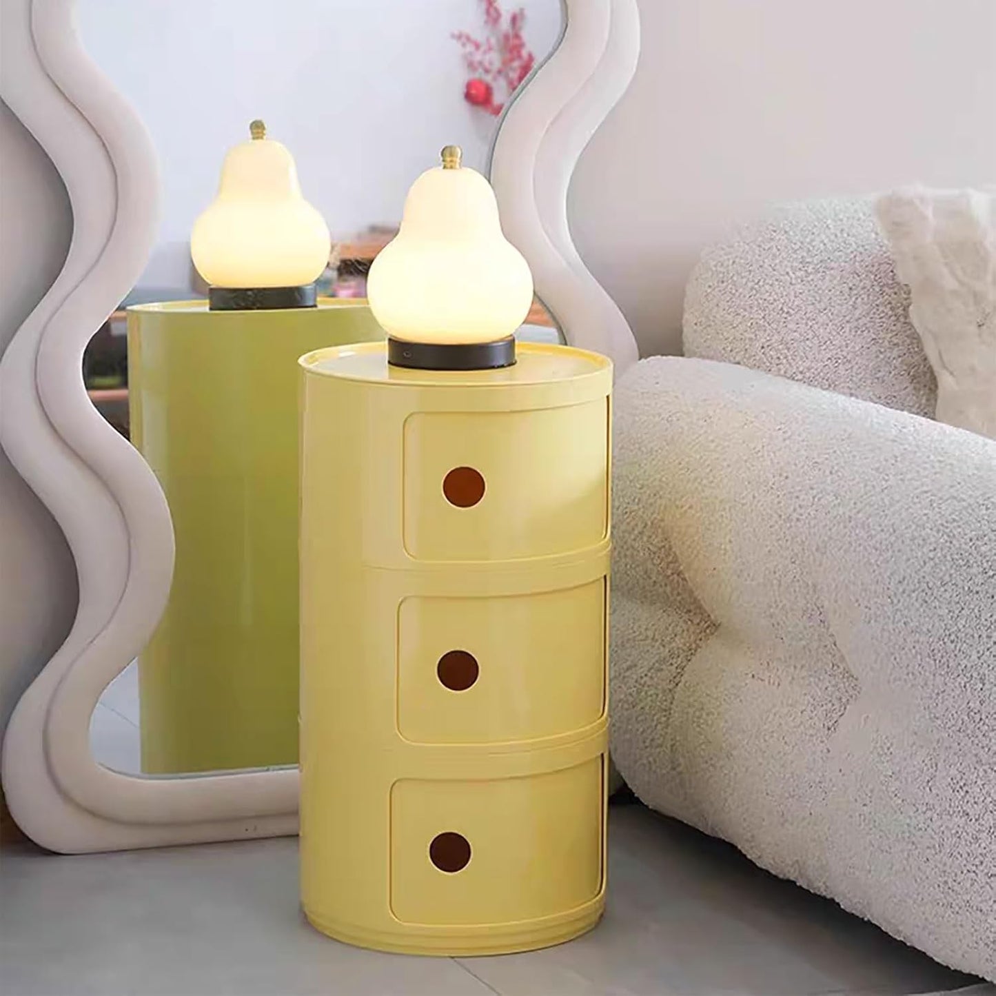3 Tier Round Nightstand with Drawers, Light Yellow Round Side Table Small Plastic Storage End Table Suitable for Bedroom, Living Room, Bathroom (Light Yellow)