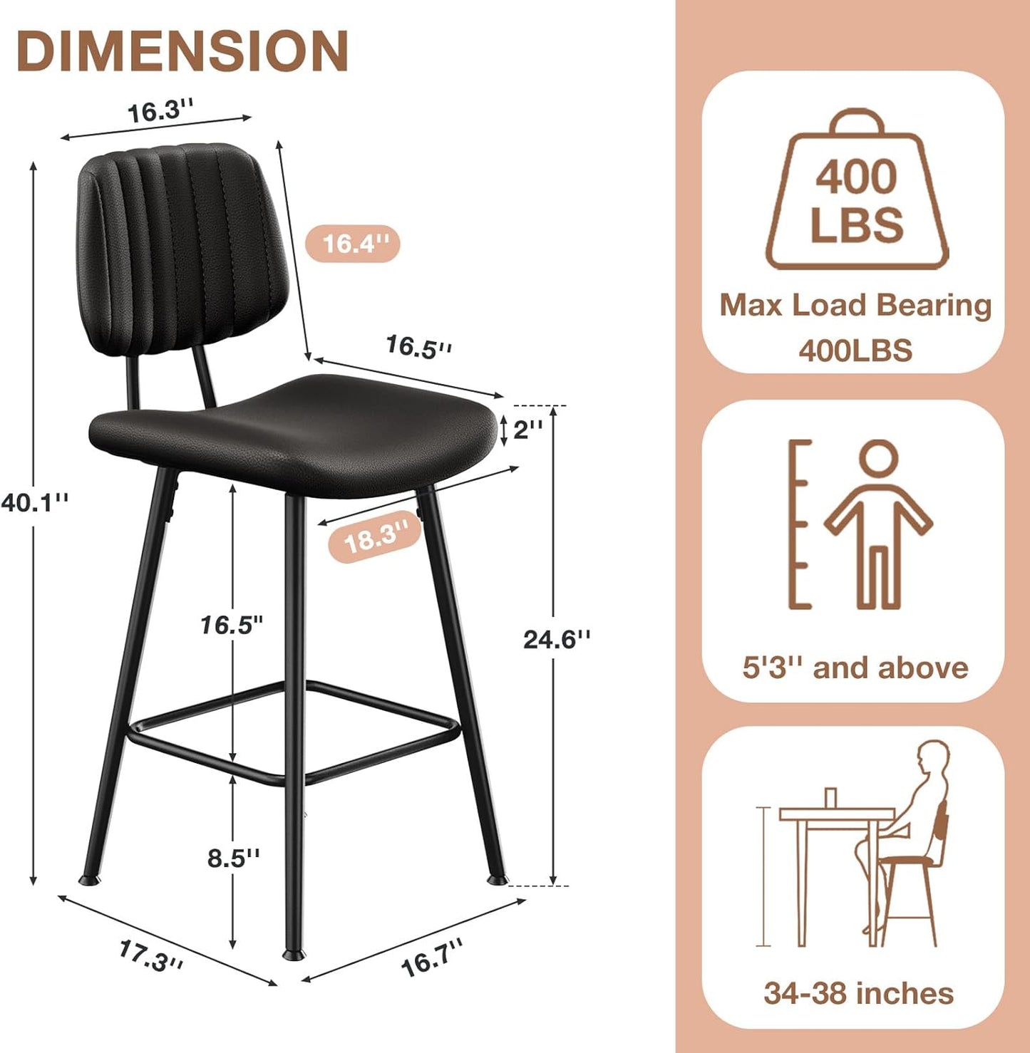 24-Inch Leather Bar Stools Set of 4, Counter Height Barstools with High Backrest，Bar Chairs for Kitchen Island with Heavy Duty Metal Legs, Black