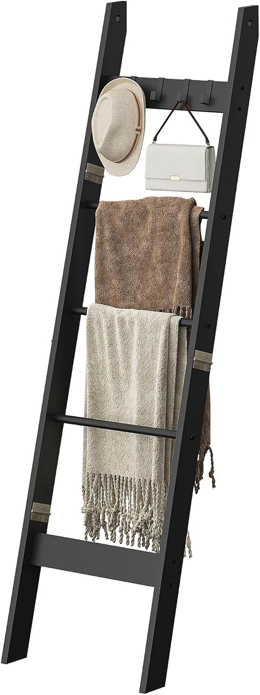 Blanket Ladder for Living Room, Decorative Quilt Rack with 4 Removable Hooks, 5-Tier Farmhouse Ladder Holder Shelf Organizer for Bedroom, Black BR02104B