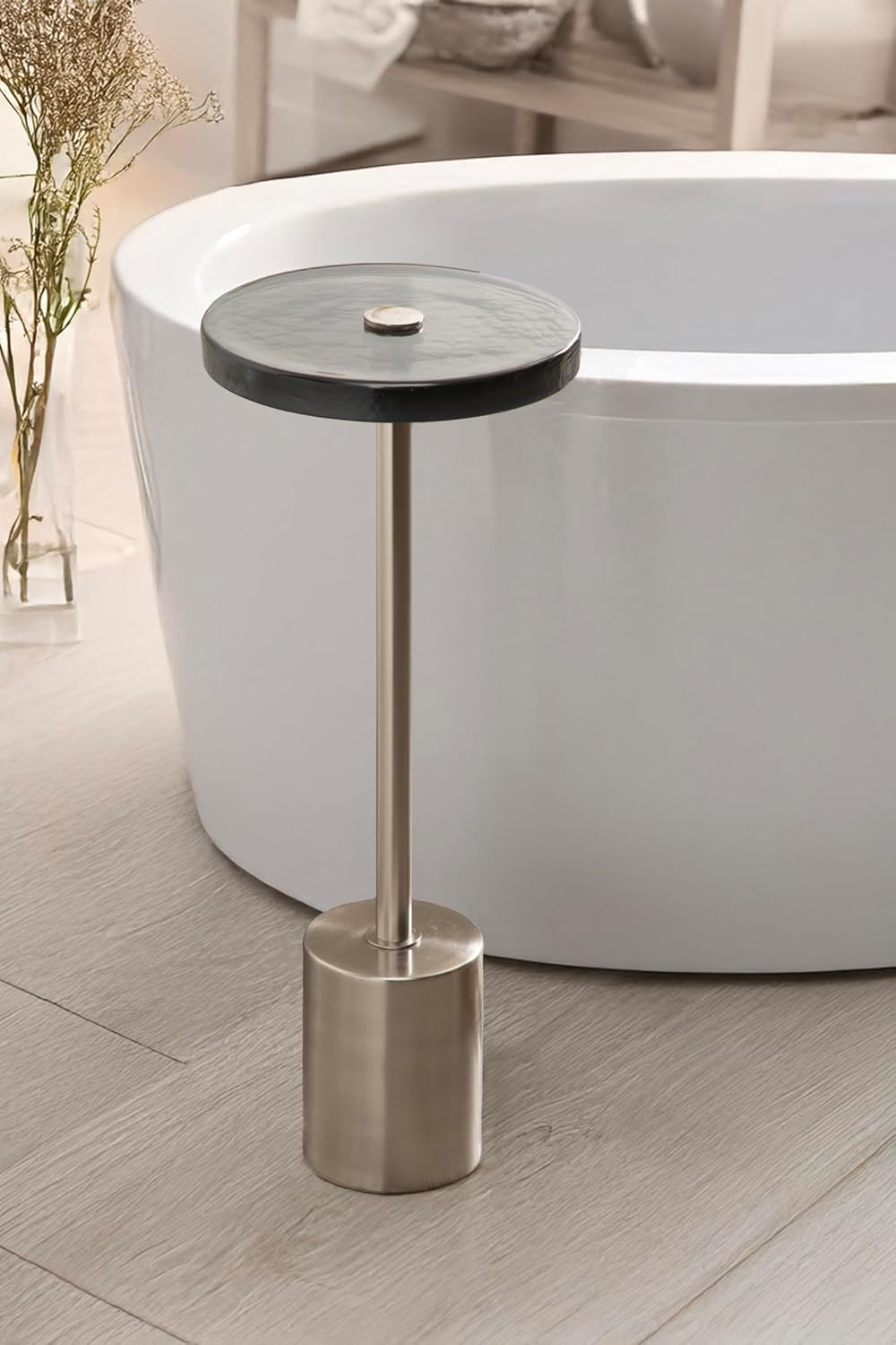 Kate and Laurel Xyler Modern Round Metal and Glass Drink Table, 10 x 10 x 24, Gray Glass and Silver, Decorative Plant Pedestal Table for Use as Indoor Plant Stand or Small Bathtub Table