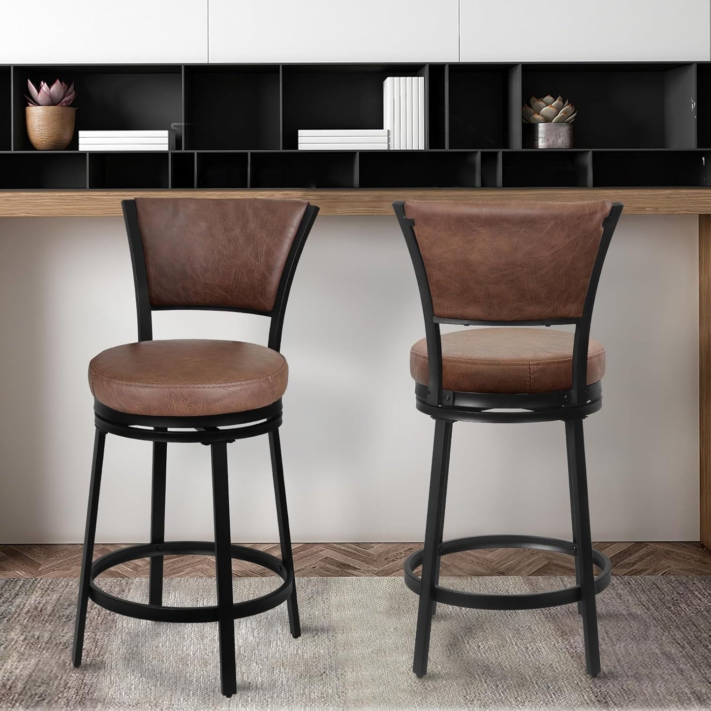 Bar Stools Set of 2, 25 Inch Metal Counter Height Bar Chairs, Modern Faux Leather 360° Round Swivel Barstools with Back, Counter Stools for Kitchen Island, Pub, Brown