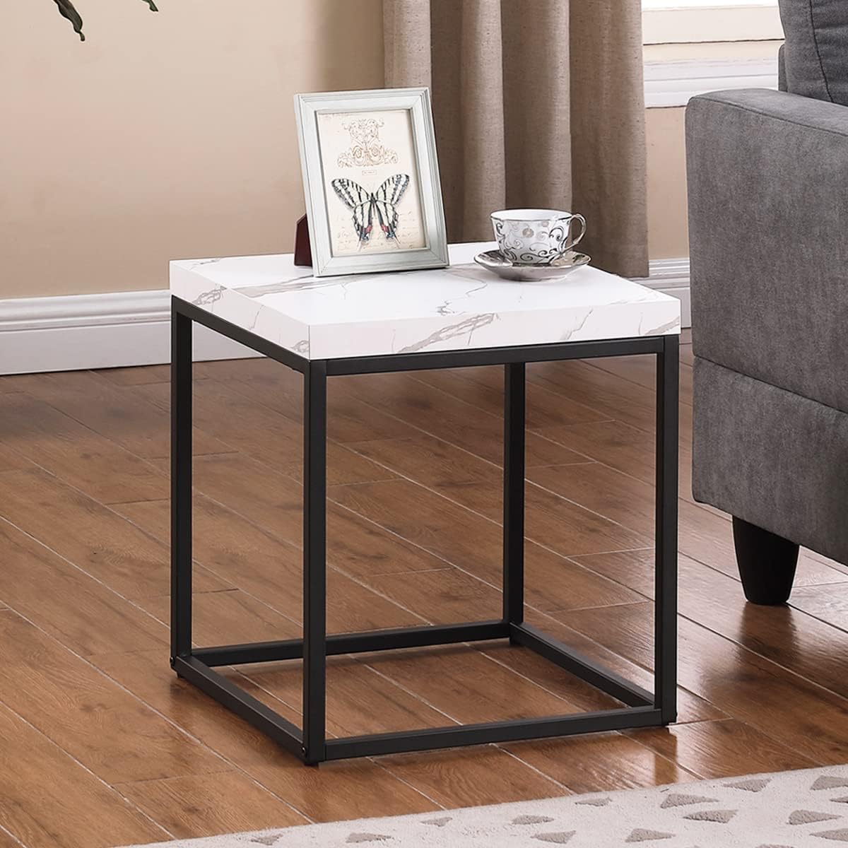 CENSI 18-Inch Marble Accent End Table/Side Table for Living Room, Modern Industrial, Square, Metal and Wood (White Marble)