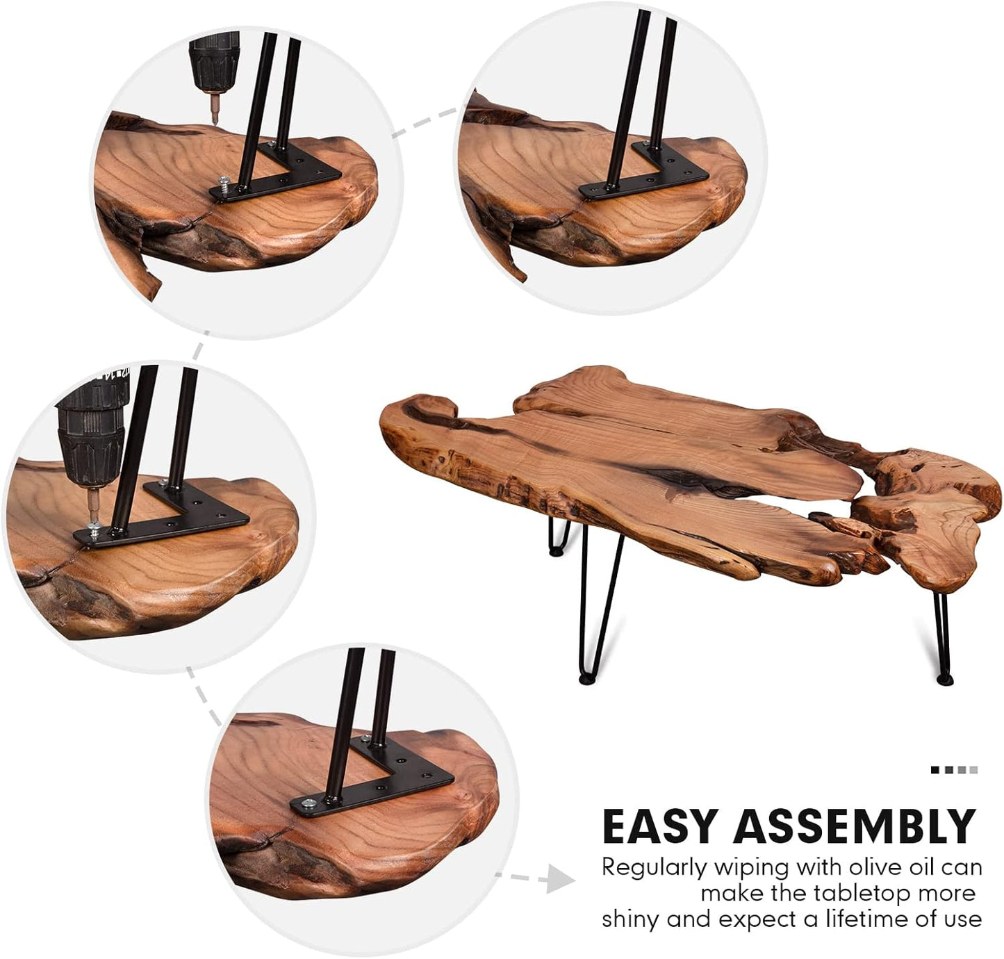 Live Edge Coffee Table, Natural Living Room Coffee Table with Clear Lacquer Finish and Metal Hairpin Legs,Unique Desktop