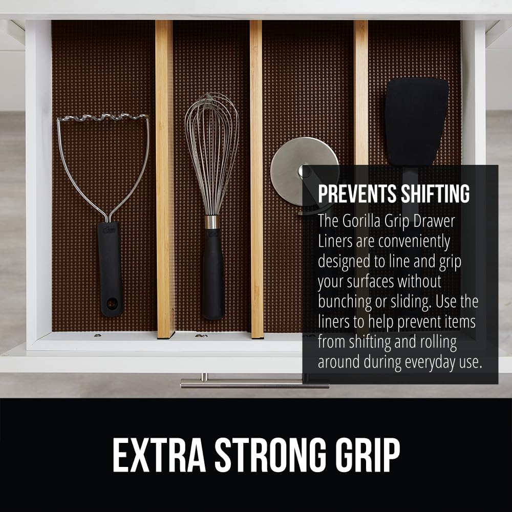 GORILLA GRIP powerGRIP Drawer Shelf and Cabinet Liner, Thick Strong Hold, Non-Adhesive Liners Protect Kitchen Cabinets and Cupboard, Bathroom Drawers, Easy Install, Breathable Mat, 17.5" x20', Brown