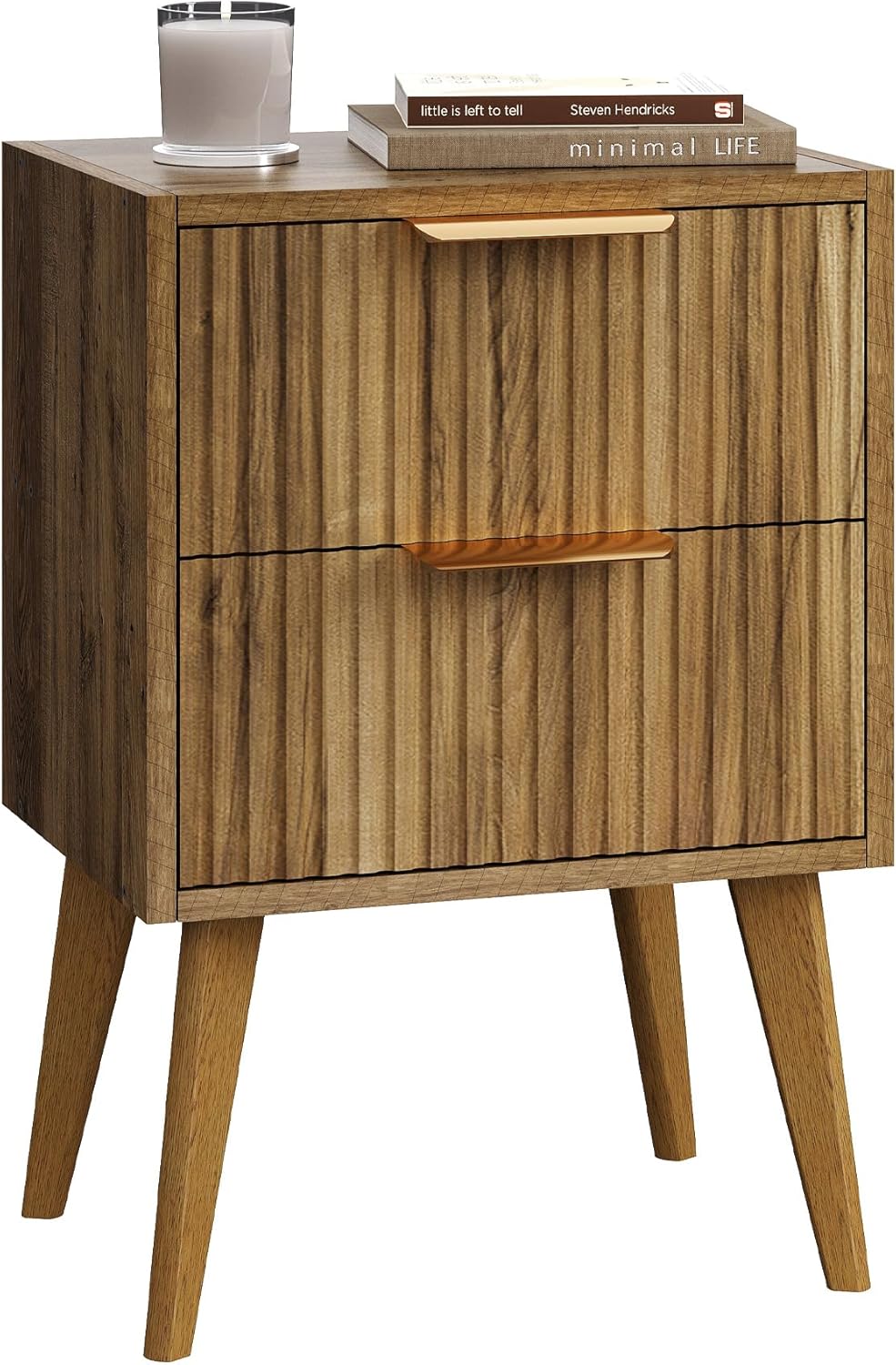 Fluted Nightstand with 2 Drawers,Modern Bedside Table with Metal Handles,White Side Table with Solid Wood Legs,Mid Century End Table for Living Room,Bedroom,Caramel Oak CTG55BR