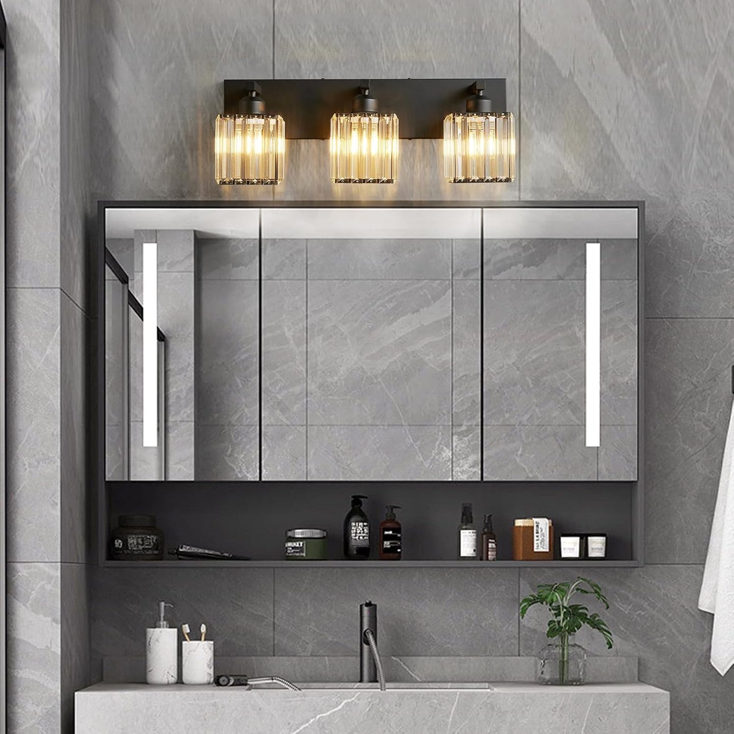 Modern Bathroom Vanity Light 3-Lights Modern Black Crystal Wall Light Bathroom Vanity Light Fixtures