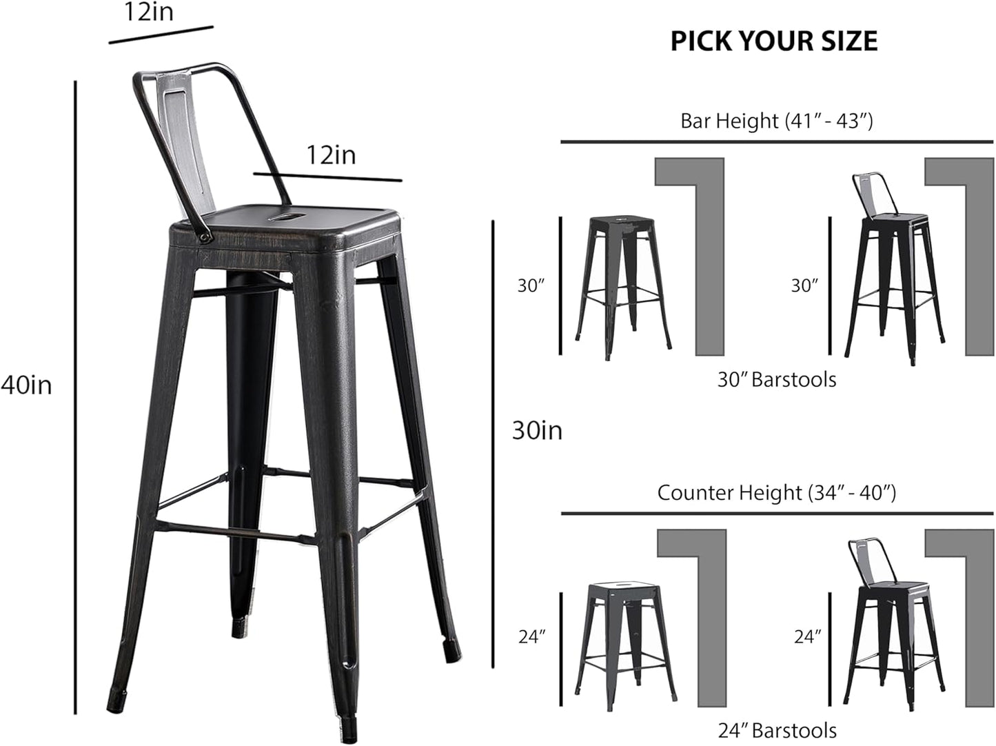 AC Pacific Modern 30” Metal Barstool Set of 2 – Country Rustic Style with Low Back, Lightweight & Sturdy Build, Easy Assembly, Distressed Black