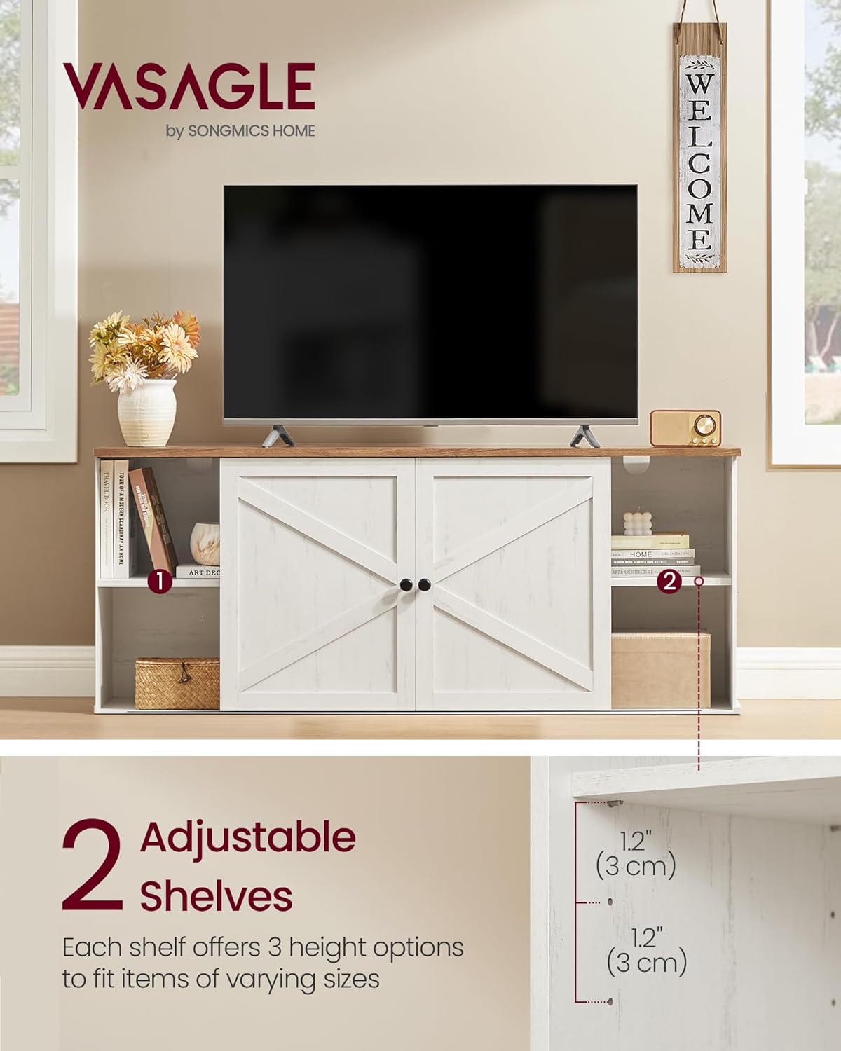 VASAGLE Farmhouse TV Stand for TVs up to 65 Inches, Entertainment Center with Storage Cabinets and Sliding Barn Doors, Media Console Table for Living Room, Rustic White and Honey Brown ULTV535W01