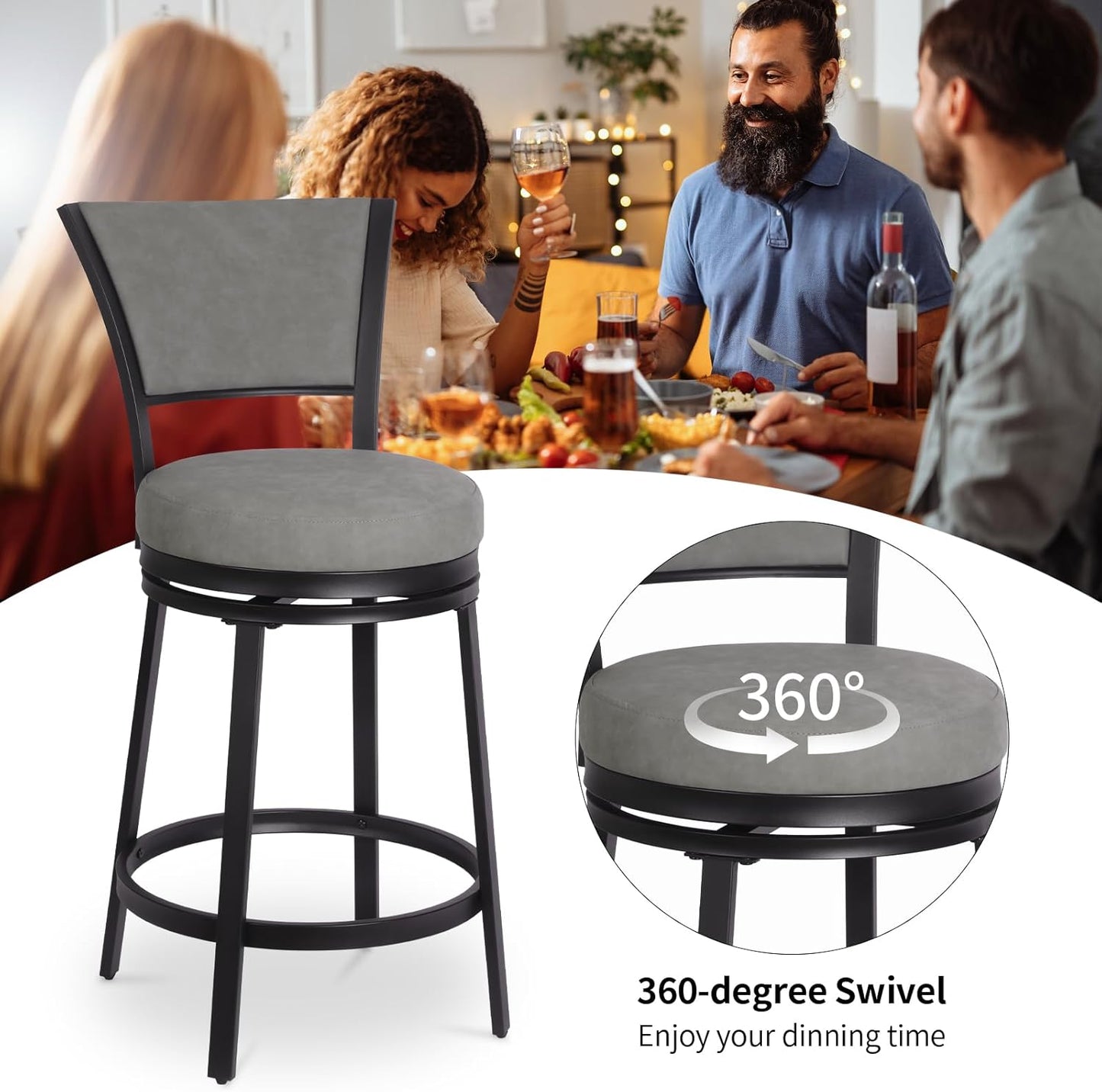 Bar Stools Set of 2, 25 Inch Metal Counter Height Bar Chairs, Modern Faux Leather 360° Round Swivel Barstools with Back, Counter Stools for Kitchen Island, Pub, Grey