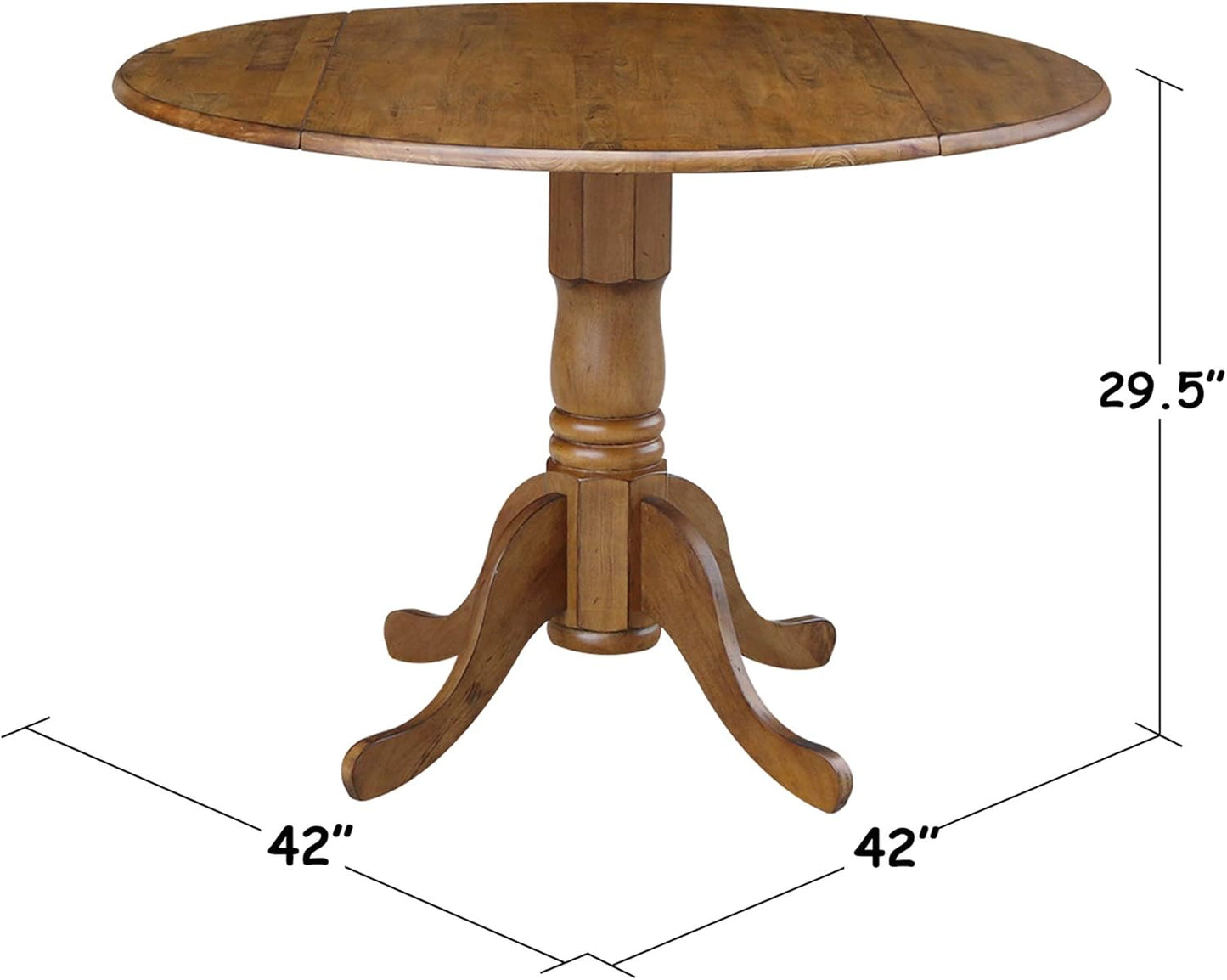 42" Round Dual Drop Leaf Pedestal Dining Table Solid Wood, Easy Assembly, Sturdy Parawood, Kitchen/Dining Room, 29.5"H x 42"W x 42"D, 20mm Thickness Top, Includes Two 9" Drop Leaves