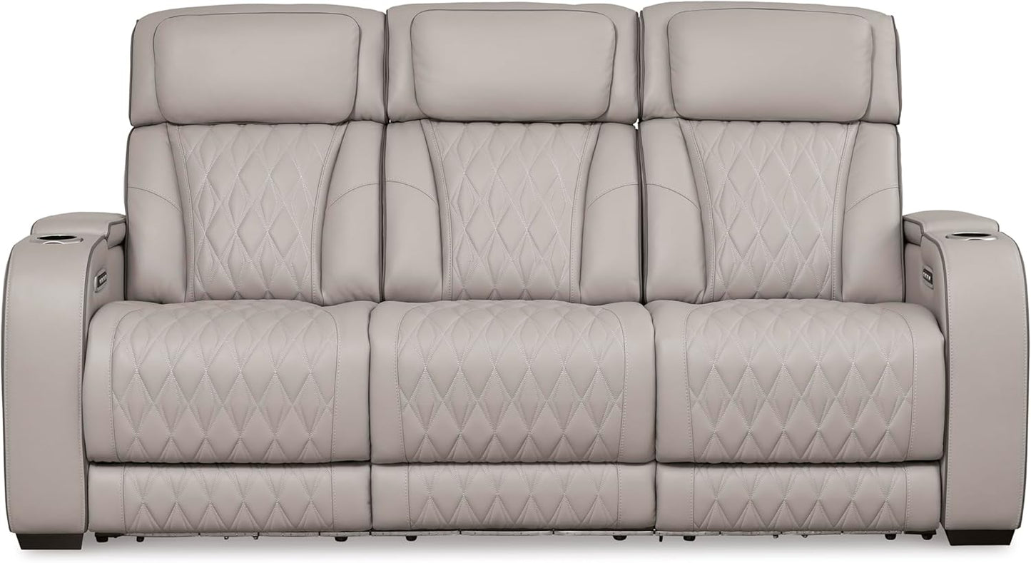 Signature Design by Ashley Boyington Contemporary Leather Match Power Reclining Sofa with USB Charging Ports, LED Lights and Adjustable Headrest, Light Gray