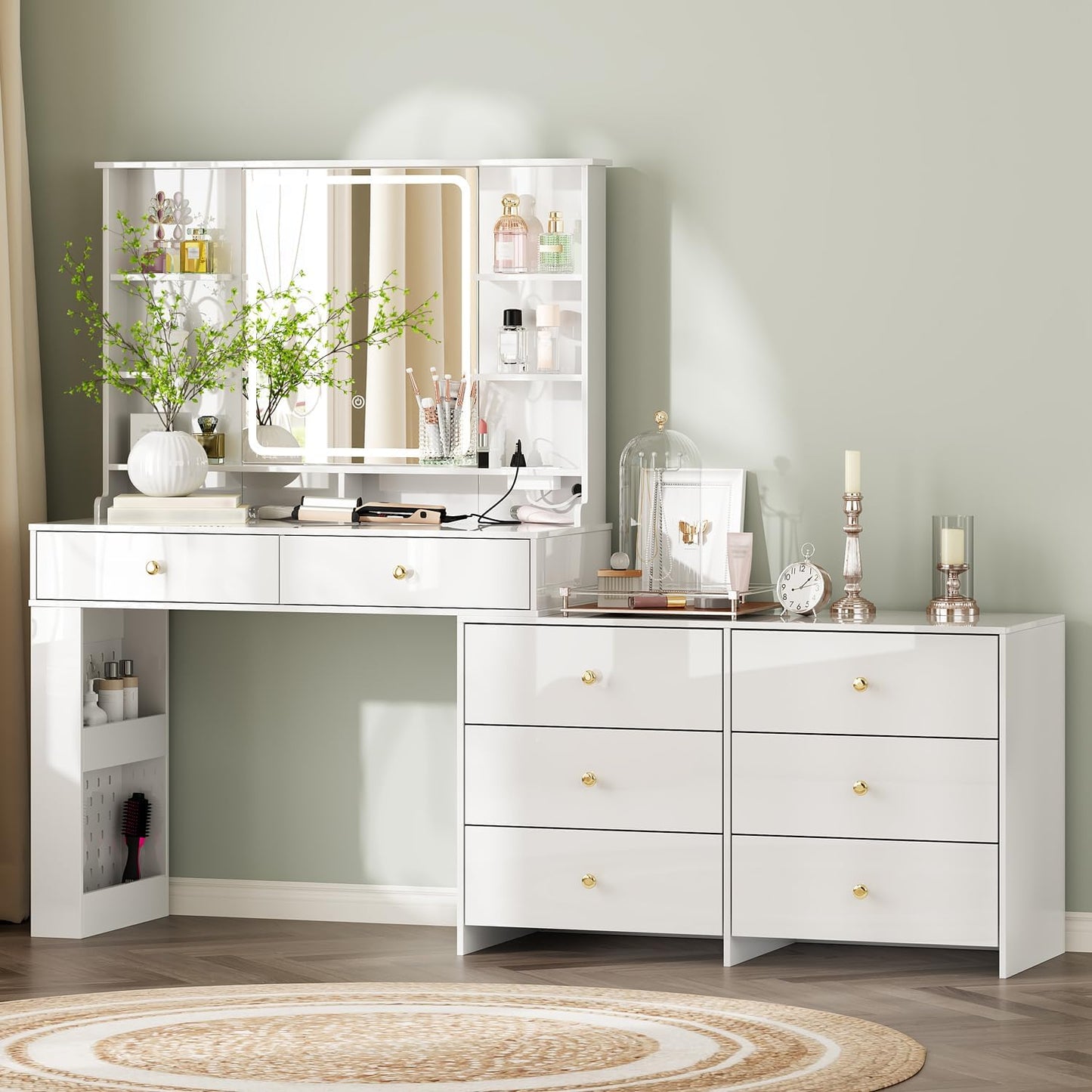 Makeup Vanity Desk with Mirror and Lights, Vanity Desk with 8 Drawers & Storage Shelves, Vanity Table with Power Outlet, 3 Color Modes & Adjustable Brightness Dressing Table, Bedroom,White2